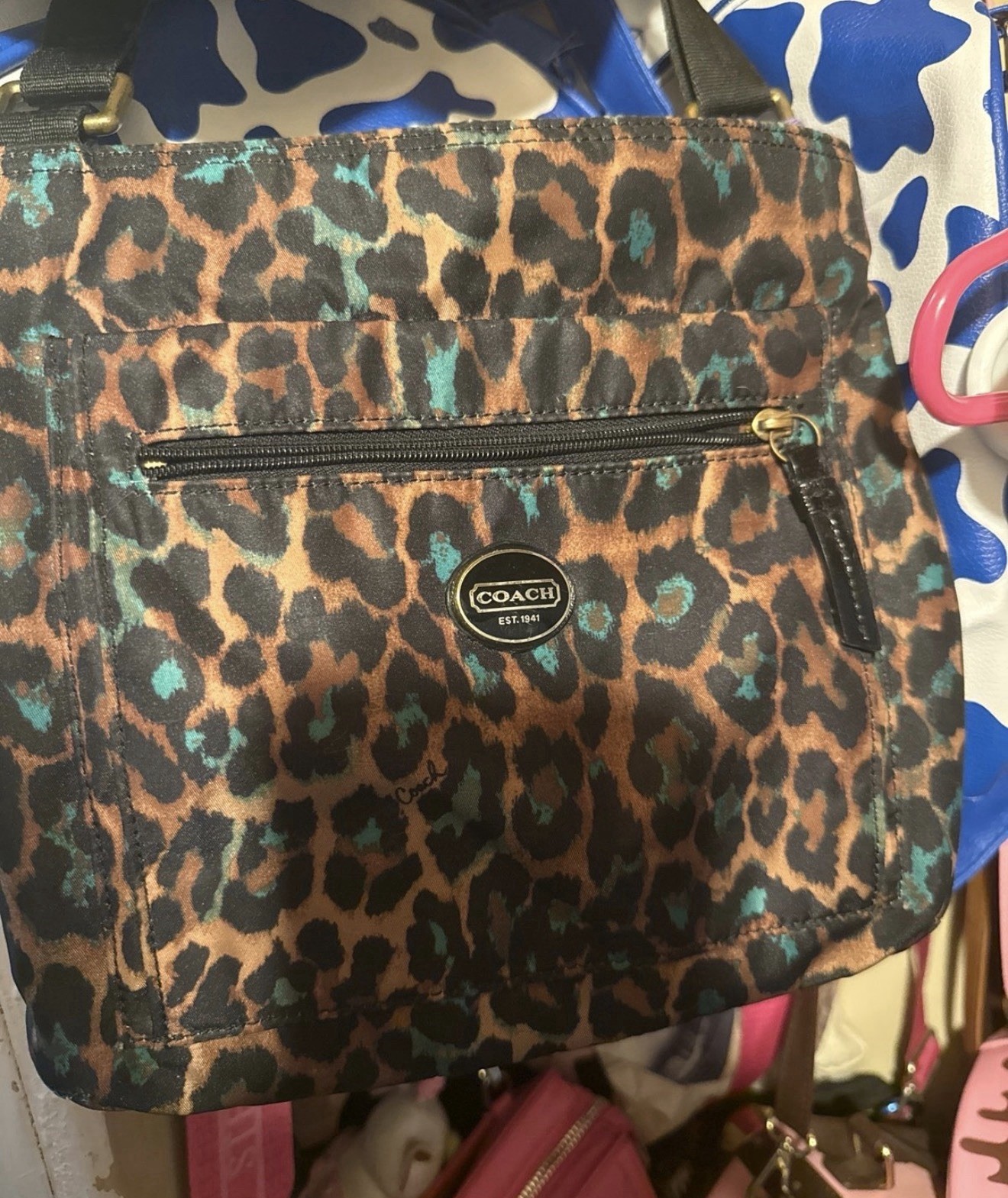 Coach Leopard Print Crossbody Bag Zip, Adjustable Detachable Strap, Pockets