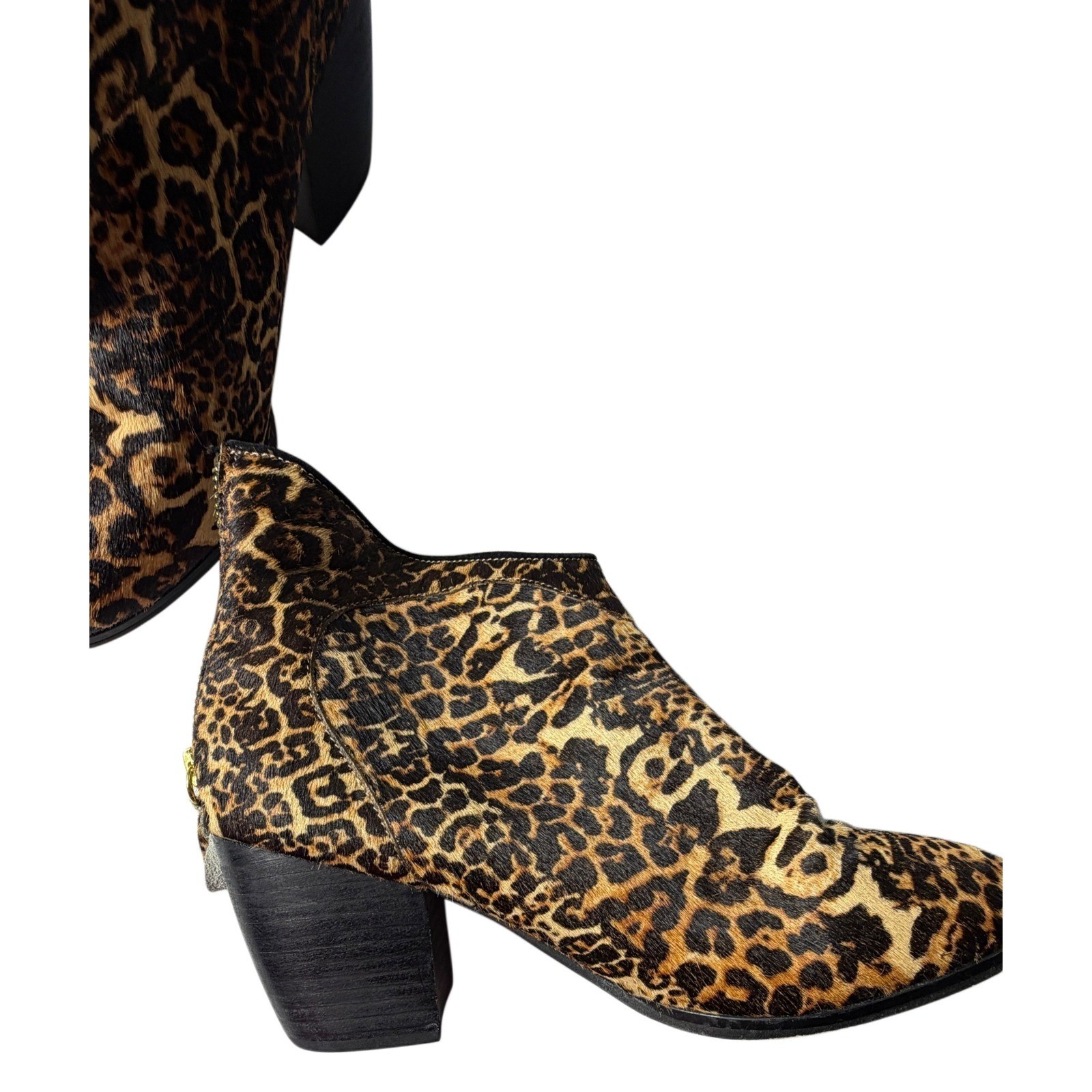 Cynthia Vincent Dane Leopard Boots Hair Calf Leather Ankle Bootie Block Heel 7M