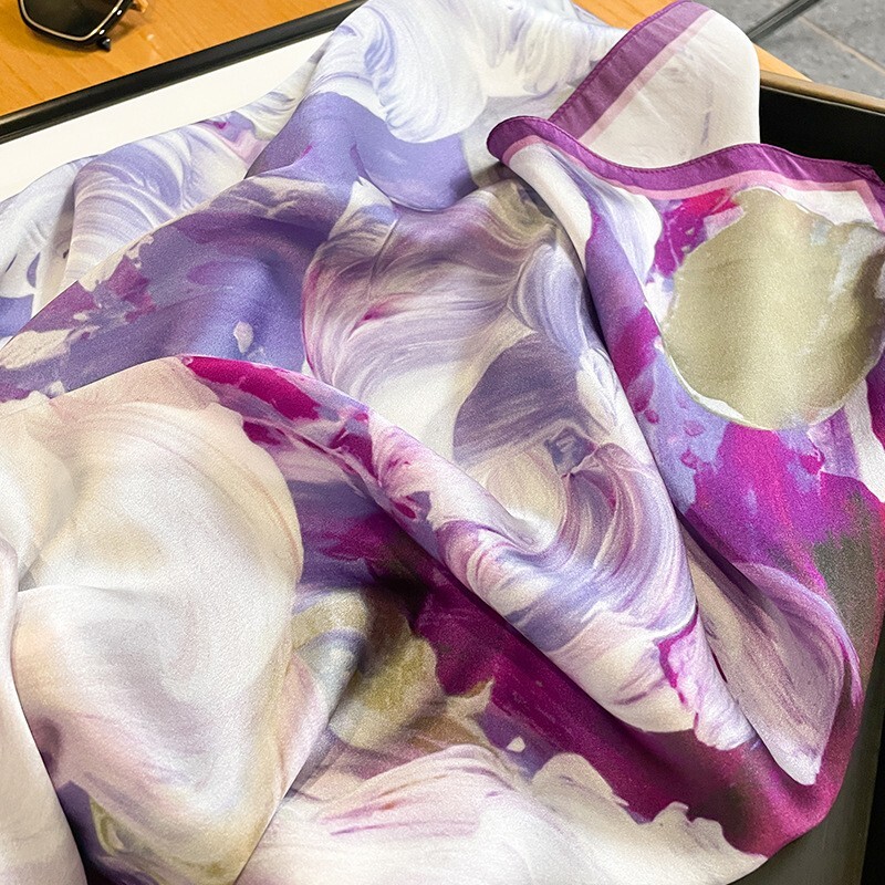 100% Mulberry Silk 27″ Square Scarf Women Vintage Neckerchief Wrap Purple Flower