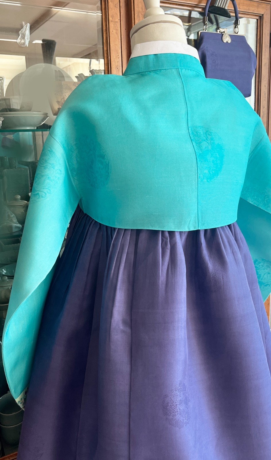 Premium Silk Traditional Korean Hanbok Dress–Mint & Purple / Petticoat /Hand bag