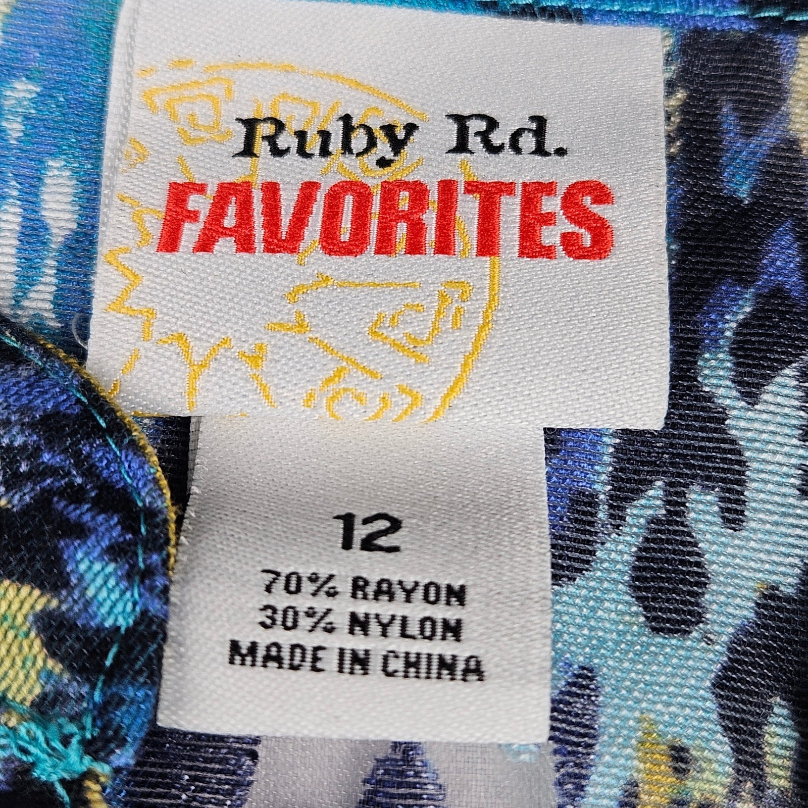 Ruby Rd Favorites Womens 12 Blue Yellow Ikat Geometric Boho Artsy Blouse Top