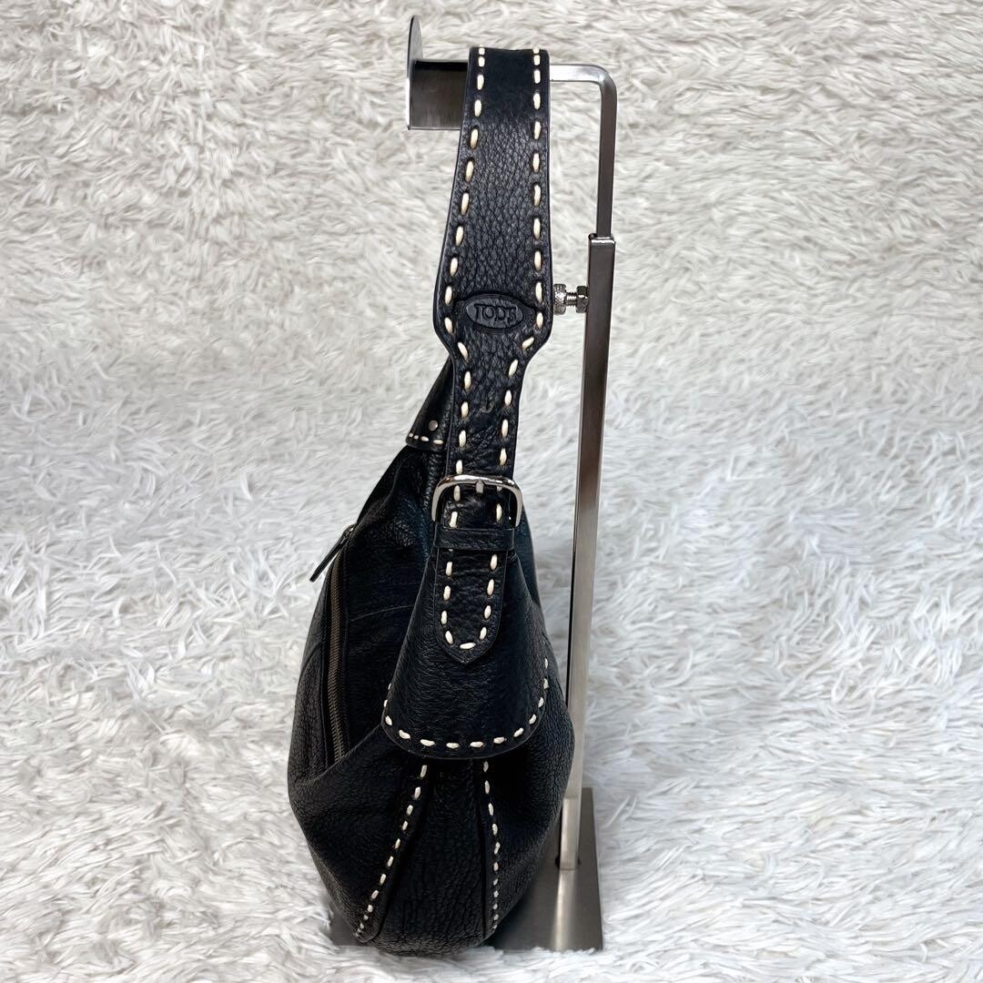 TOD’S Black Leather Half Moon Shoulder Bag White Stitching Y2K Pebbled Logo Auth