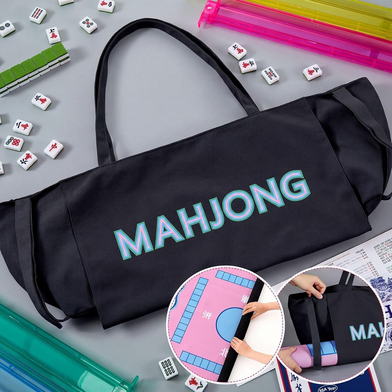 Black MAHJONG Logo zipper top canvas Tote Bag with Double Handles