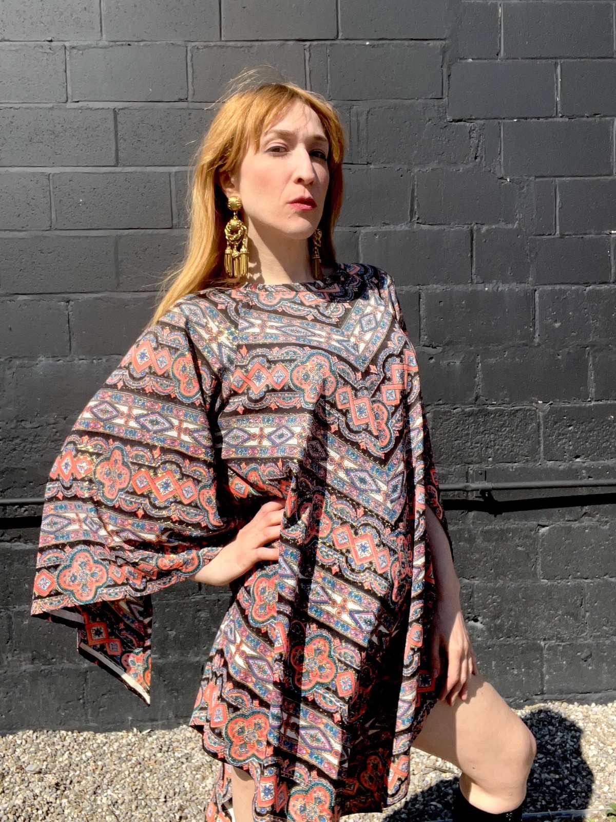 MAMA CASS Vintage 1960s Boho Metallic Angel Sleeve Dress, by Pennington’s, made