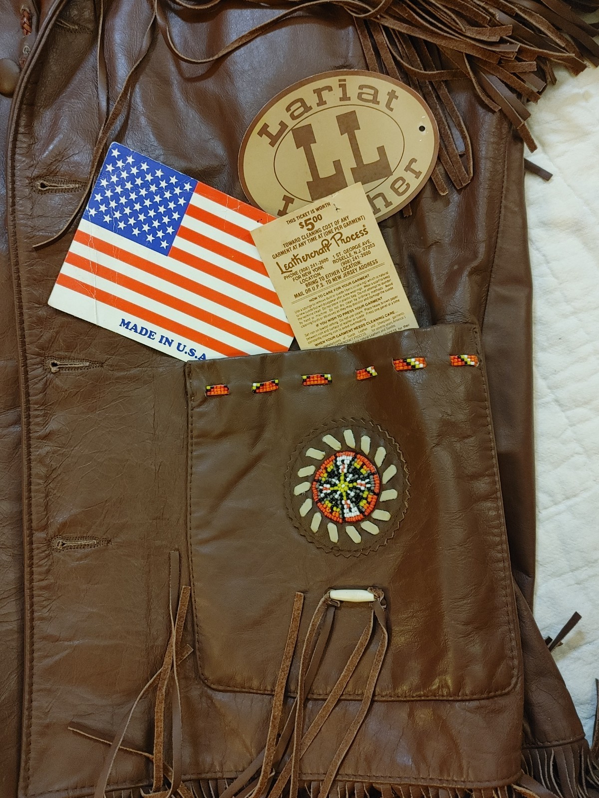 Vintage 70s Lariat Leather Fringe Jacket Beaded Western Cowboy Hippie Ranch USA