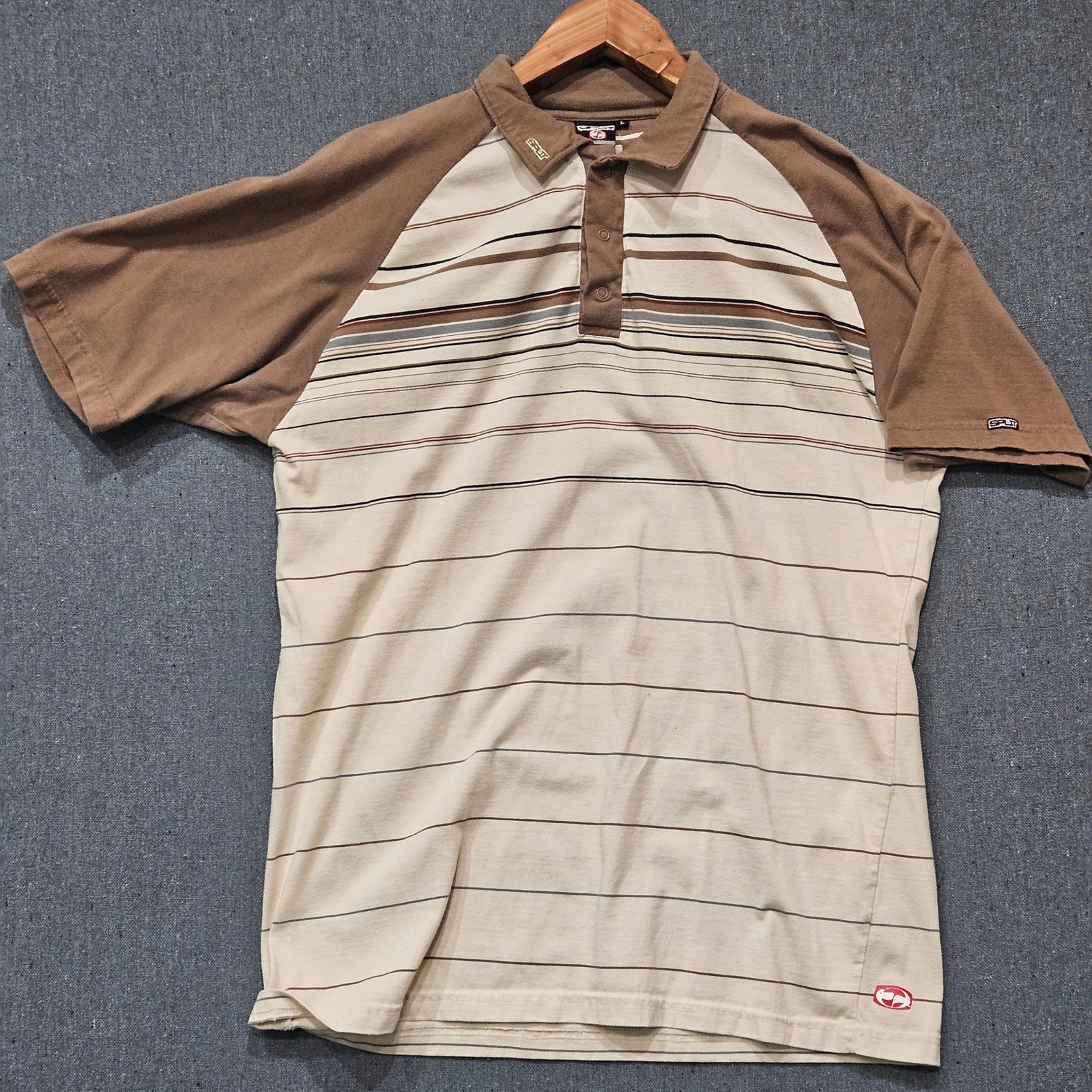 Split Skater Polo Shirt Mens Large Brown Cream Striped Raglan Y2K Streetwear