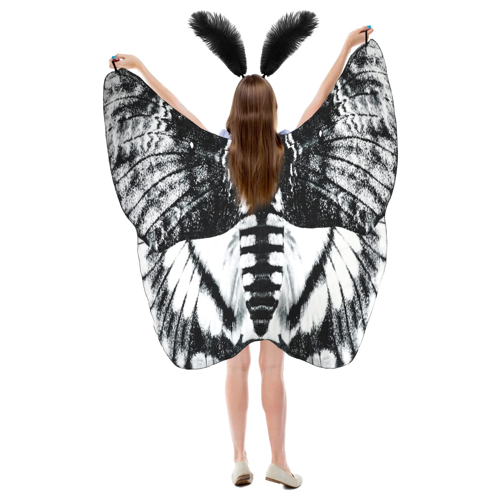 2 Pcs Halloween Moth Butterfly Wings Cape Costume with Feather Ant Headband