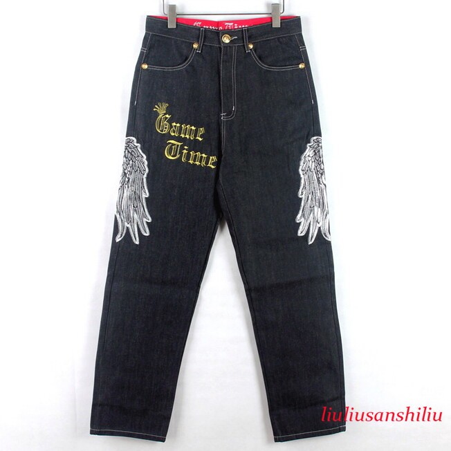 Mens Black Embroidery Jeans Relaxed Fit Loose Hip Hop Streetwear Pants W30-W46