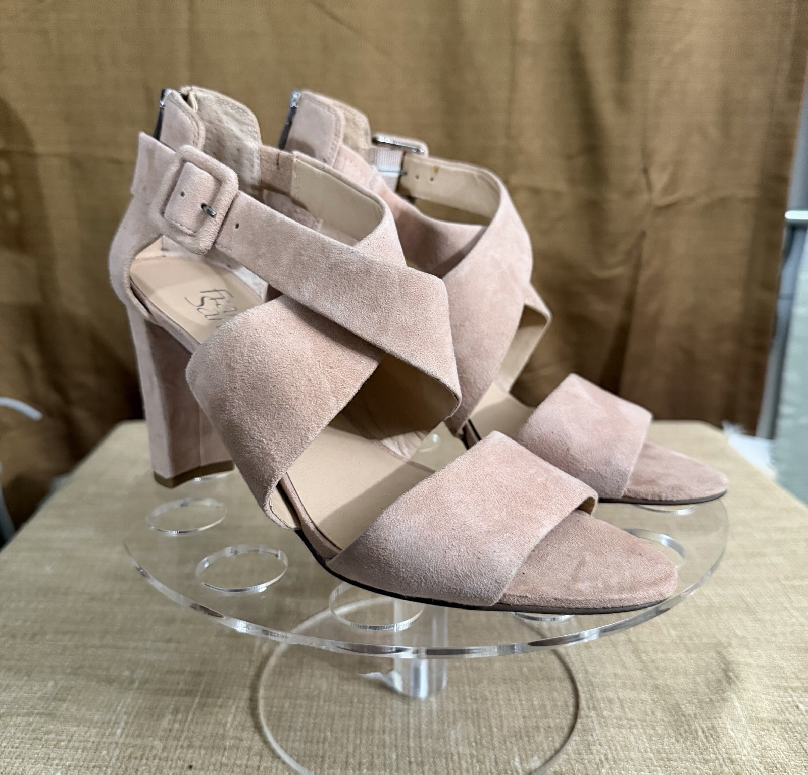 Franco Sarto Beige Leather Strappy Block Heel Sandals Women’s 7.5M Ankle Strap