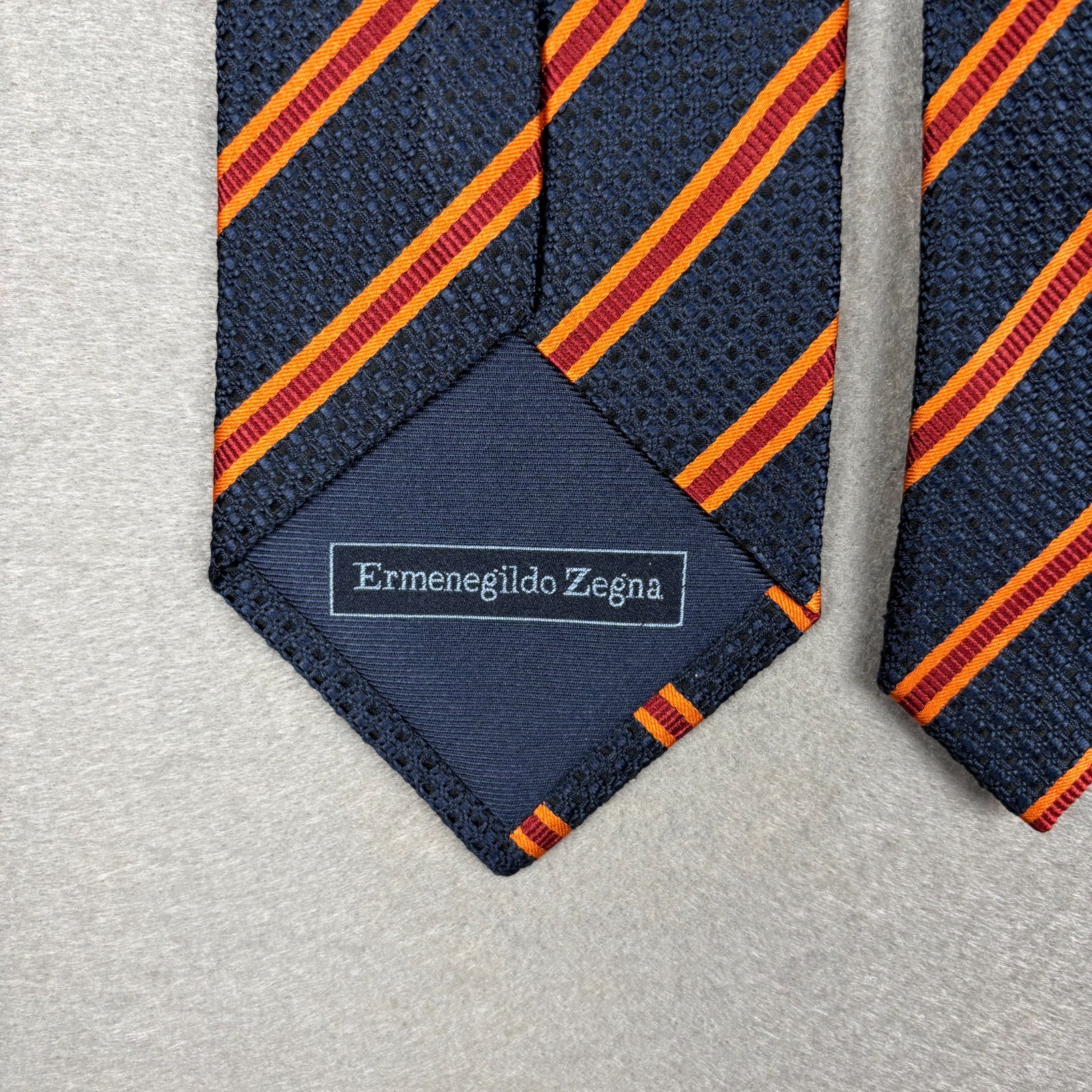 Ermenegildo Zegna Silk Tie Navy Blue Orange Burgundy Stripe Made in Italy 3.5″