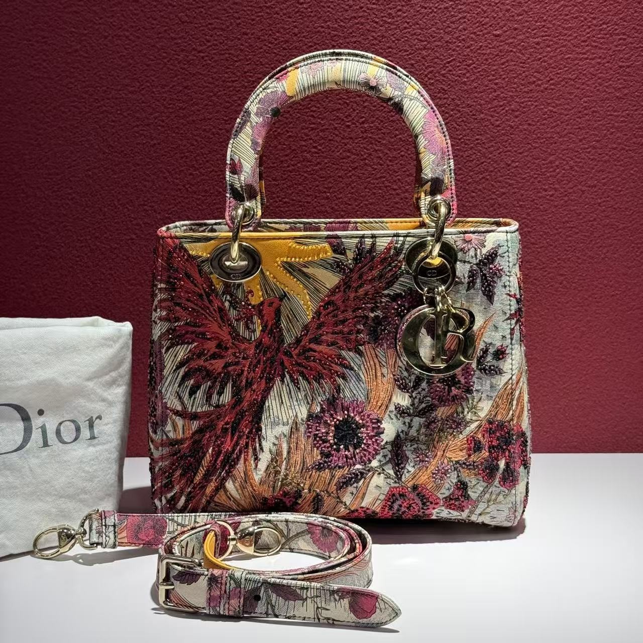 Auth Christian Dior Lady D-Lite Phoenix Floral Beaded Embroidery Handbag Rare