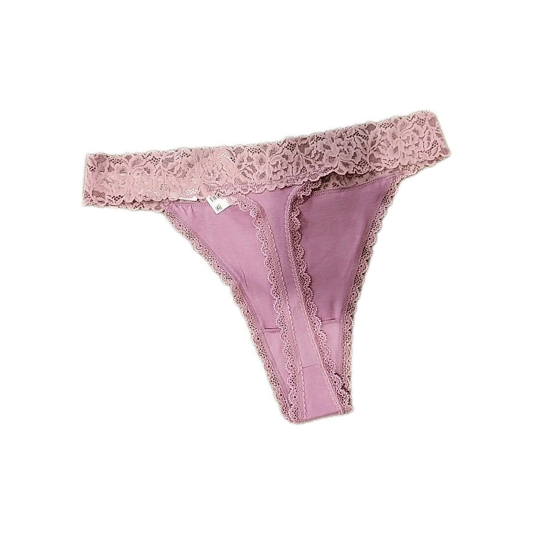 State of Day Women’s Cotton Blend Lace-Trim Thong Underwear, Mauve Orchid, LARGE