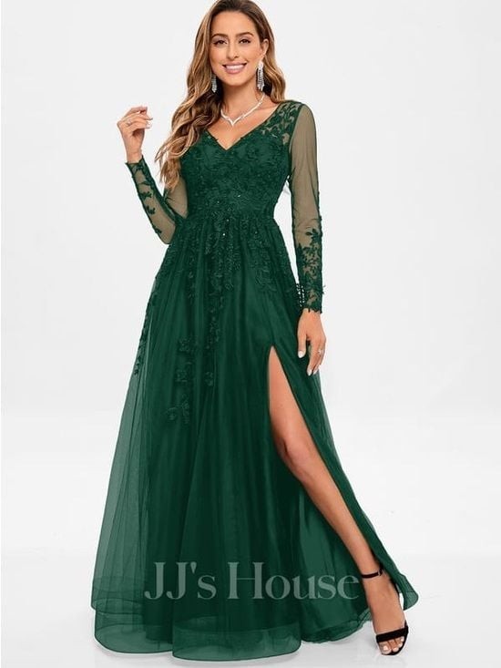 JJs House Dark Green Long Sleeve V-Neck Lace Evening Dress