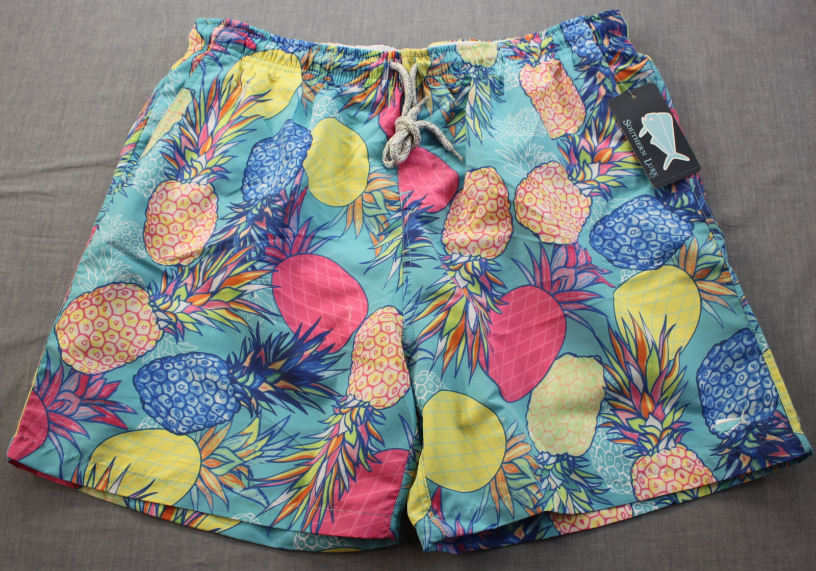 Southern Lure Mens Turquoise Pineapple Print Lined Drawstring Swim Shorts NWT L