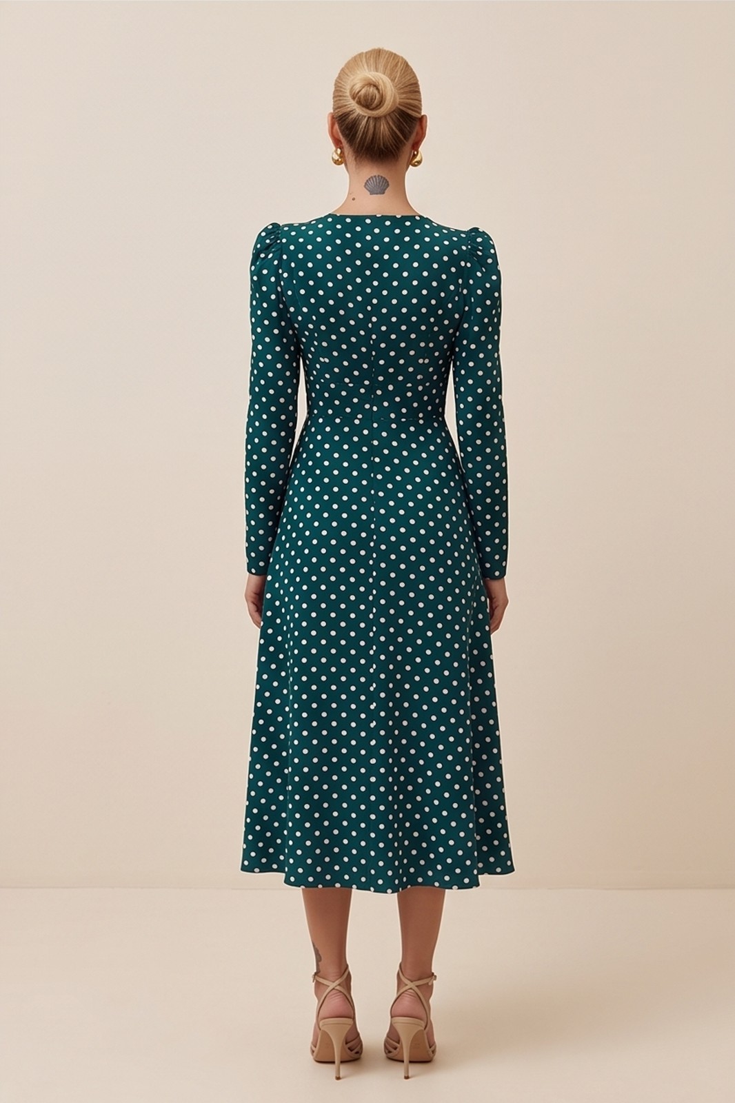 Green Emerald Polka Dot Midi Dress by FemeAdor – Size (XS) – Made in Ukraine