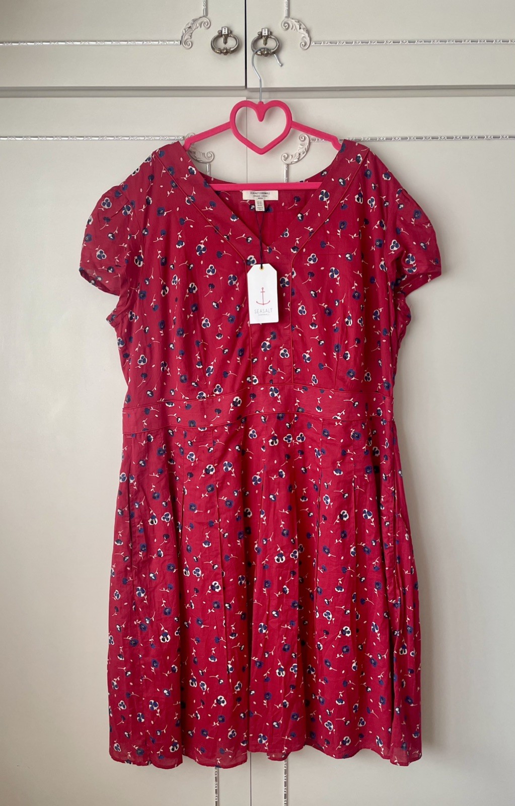💝 Seasalt ” VILLA GARDEN ” Red 100% Cotton Short Sleeve Dress Size 20 NEW
