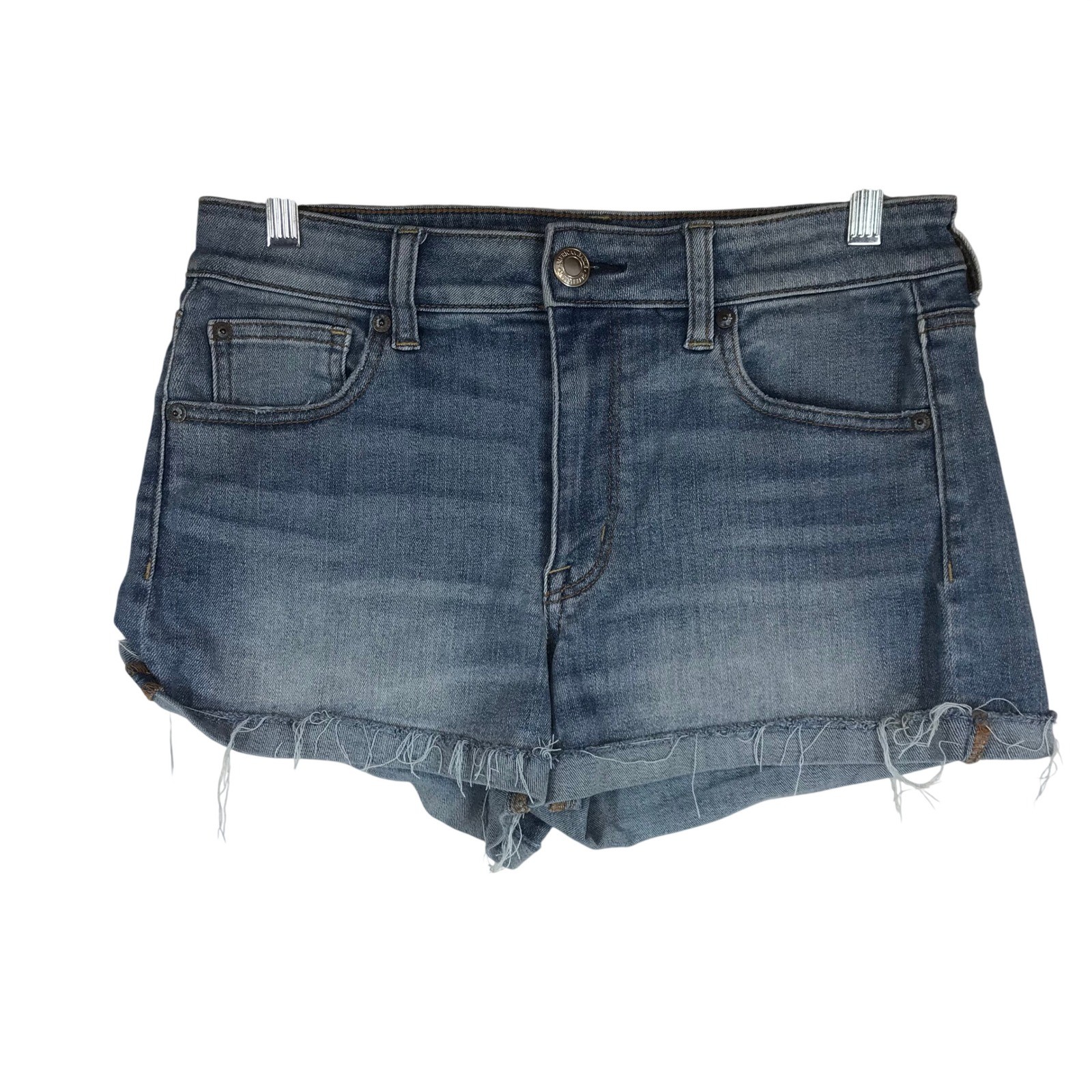 American Eagle Super Super Stretch Denim Shorts Medium Wash Raw Hem Womens 8