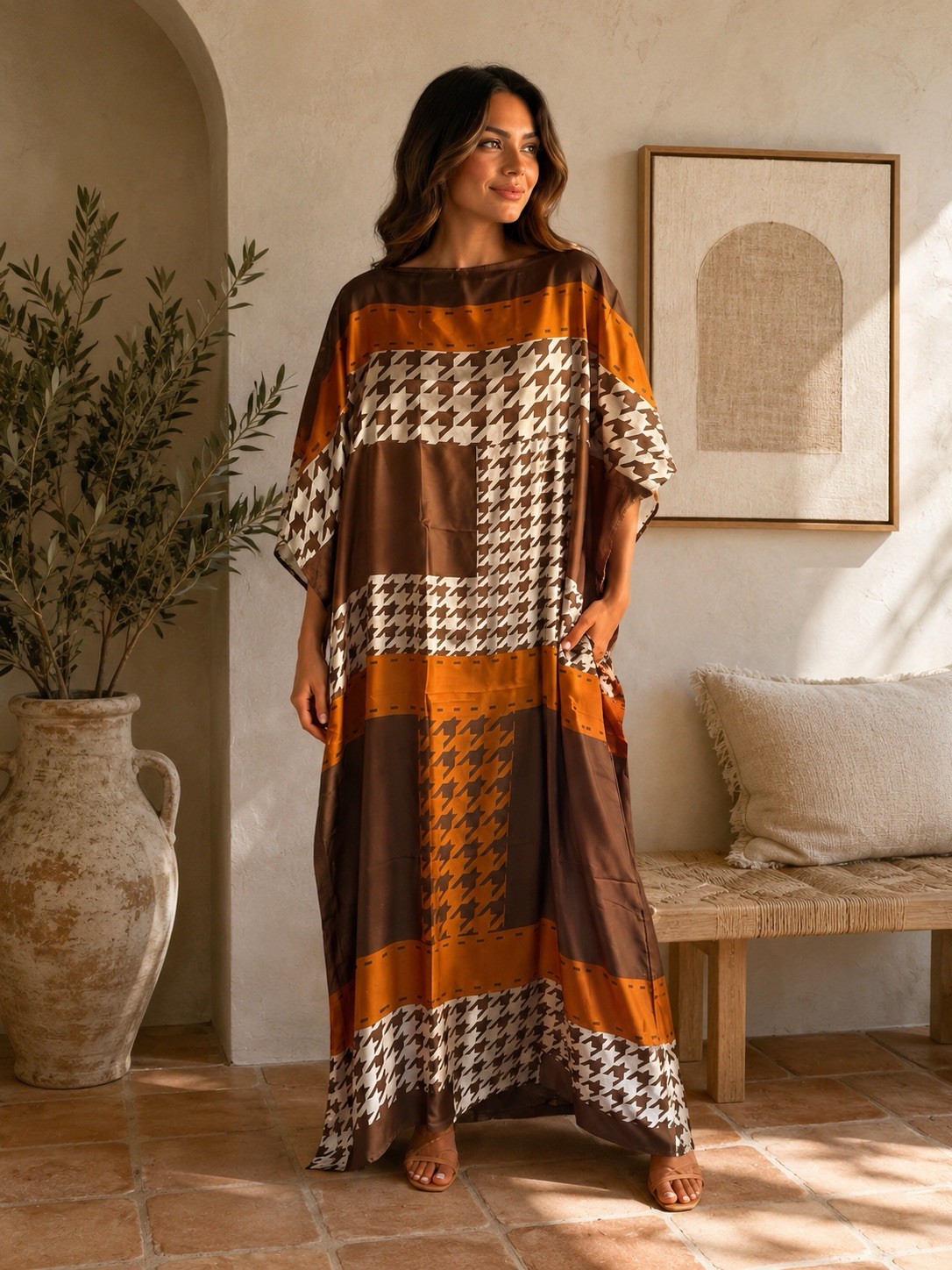 Long silky satin slip Kaftan Dress Geometric with scarf Boat Neck One Size