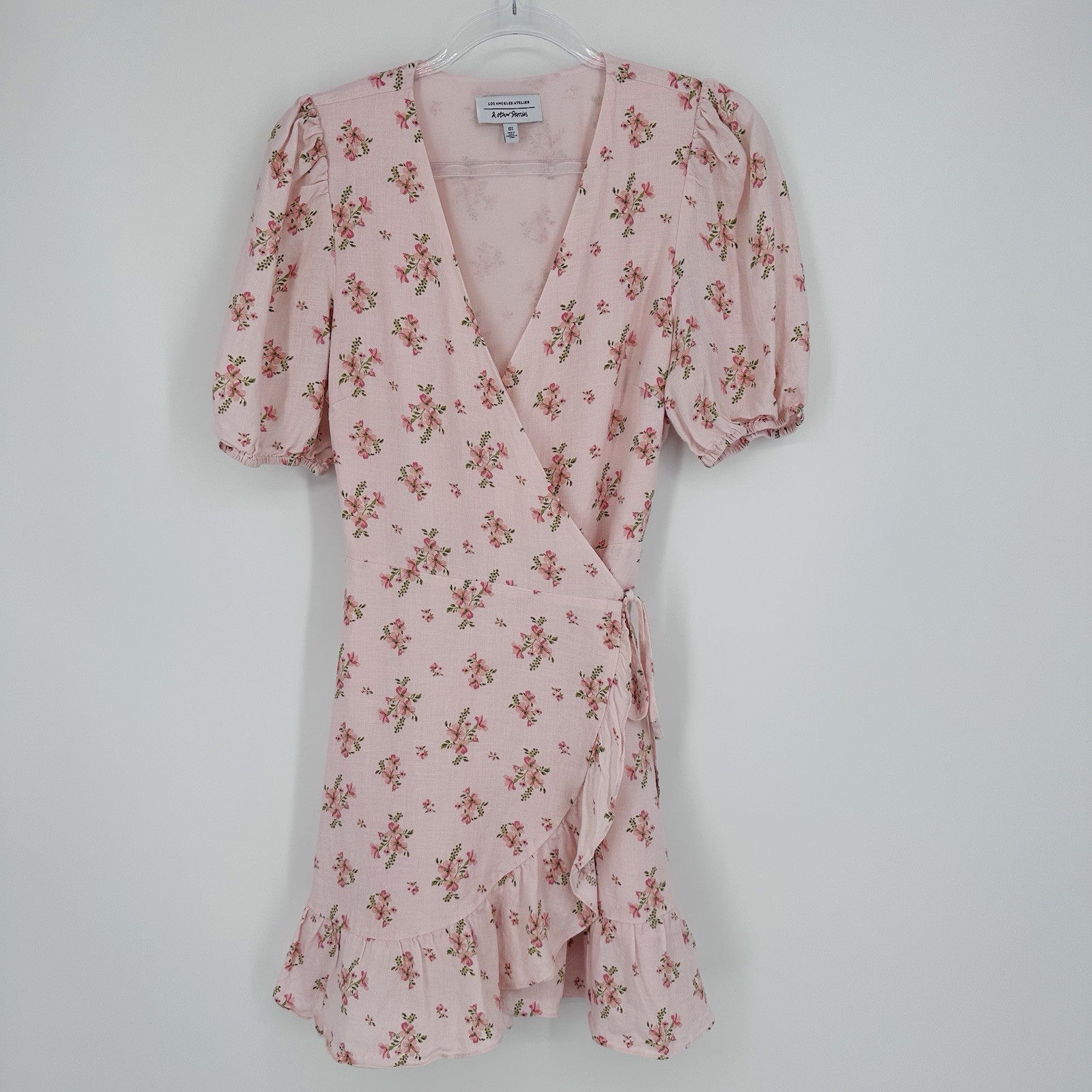 & Other Stories Linen Puff Sleeve Floral Wrap Mini Dress Women’s Size 6 Ruffles
