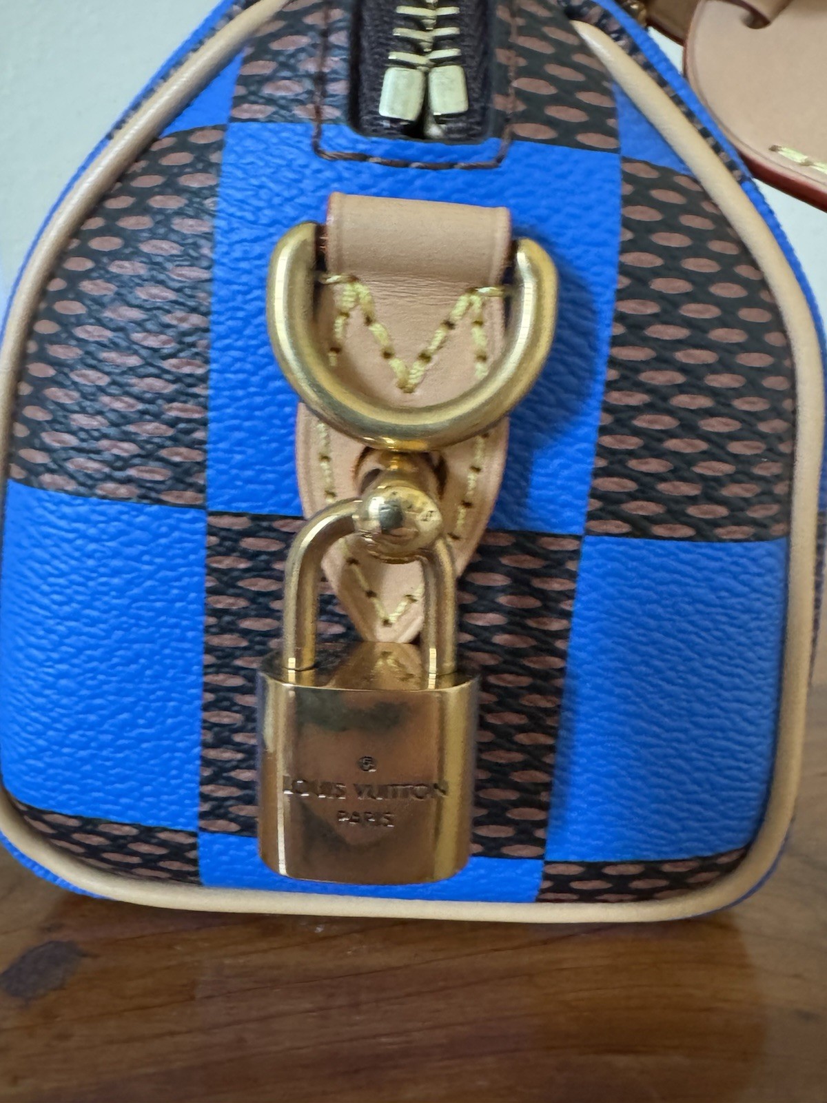 Louis Vuitton Nano Speedy Blue Brown Checkered Satchel w/ Strap, Dust Bag