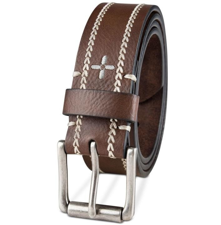 Sun + Stone Men’s Heavy-Stitch Faux Leather Casual Belt, Brown, (34-36) (38-40)