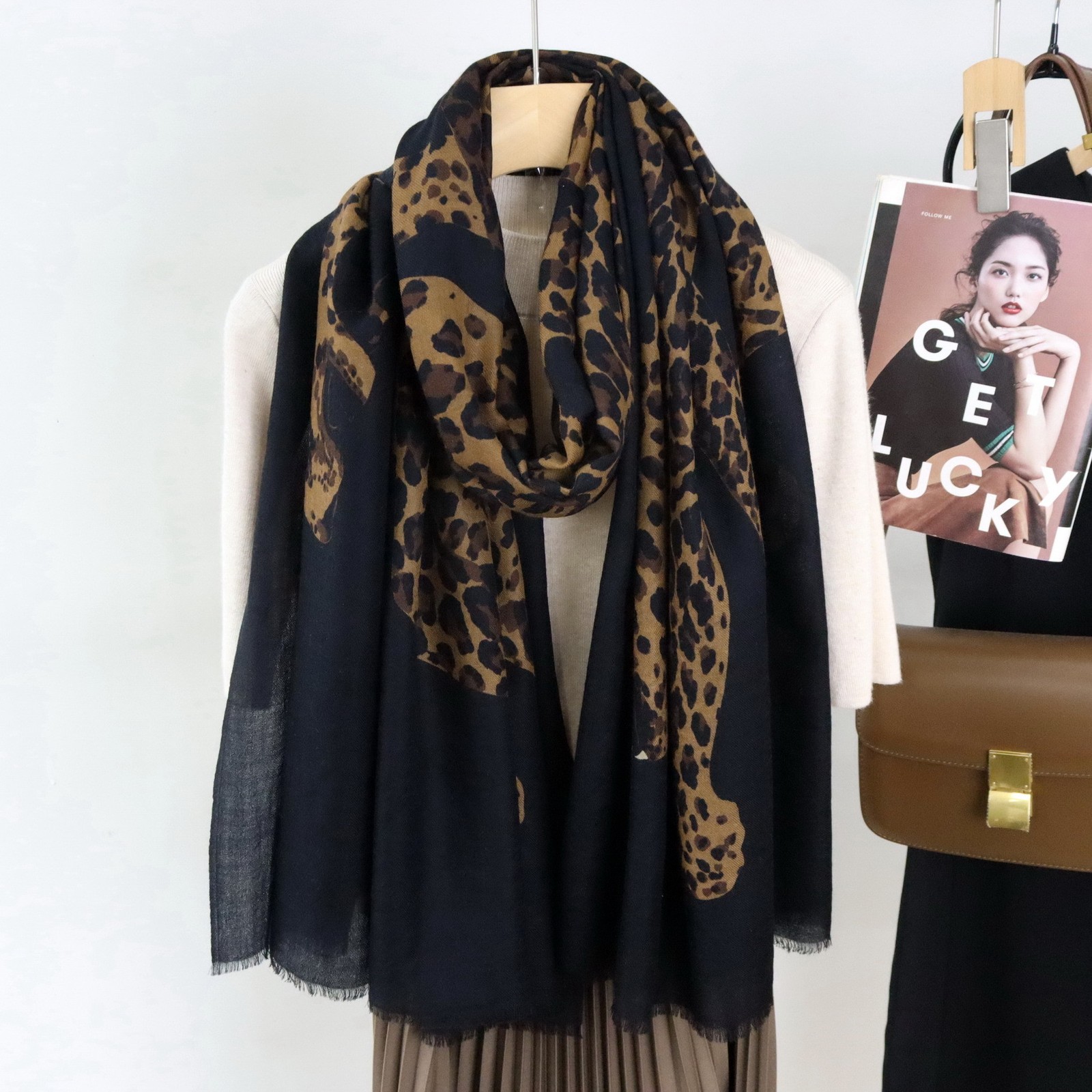 100% wool black & khaki cheetah print scarf fashion women’s shawl 200cm * 100cm