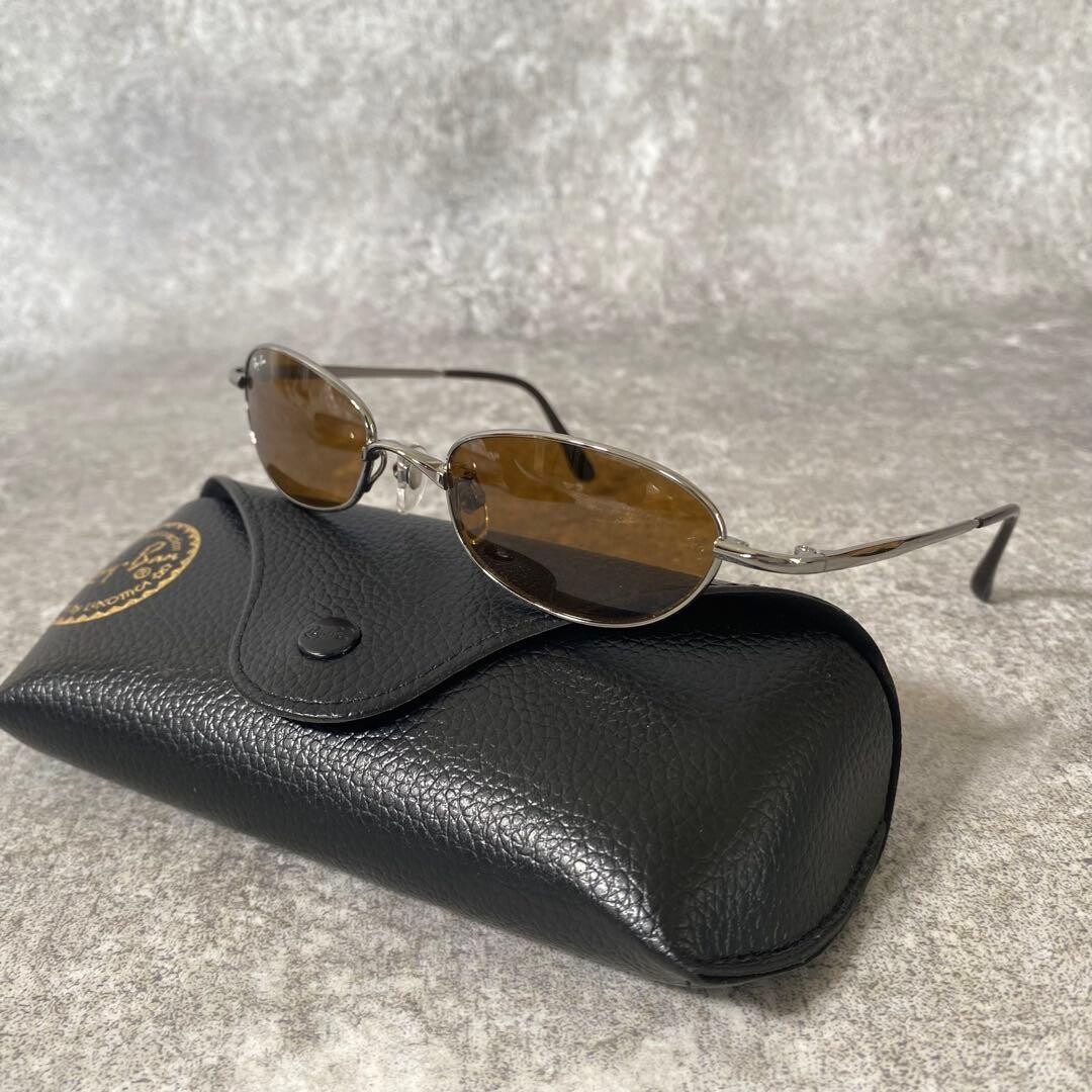Ray Ban RB3151 Oval Sunglasses Silver Brown Lens Metal Frame Y2K Men 53mm