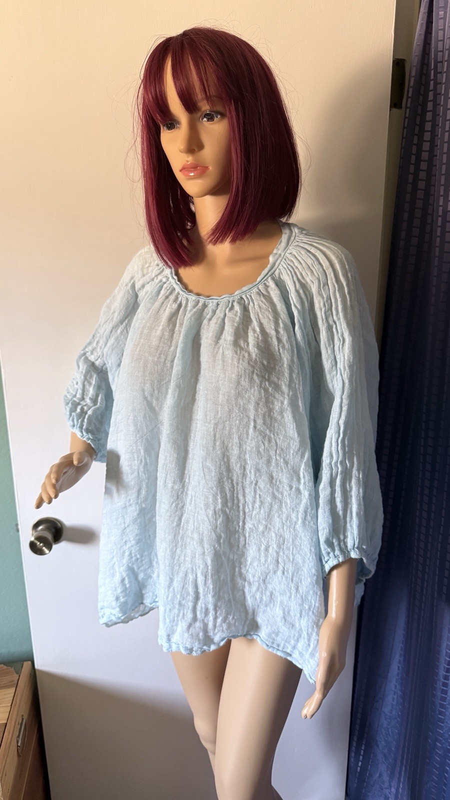 SAGA Italy Washed Sky Blue 100% Linen Gauze Boho Oversized Tunic Top