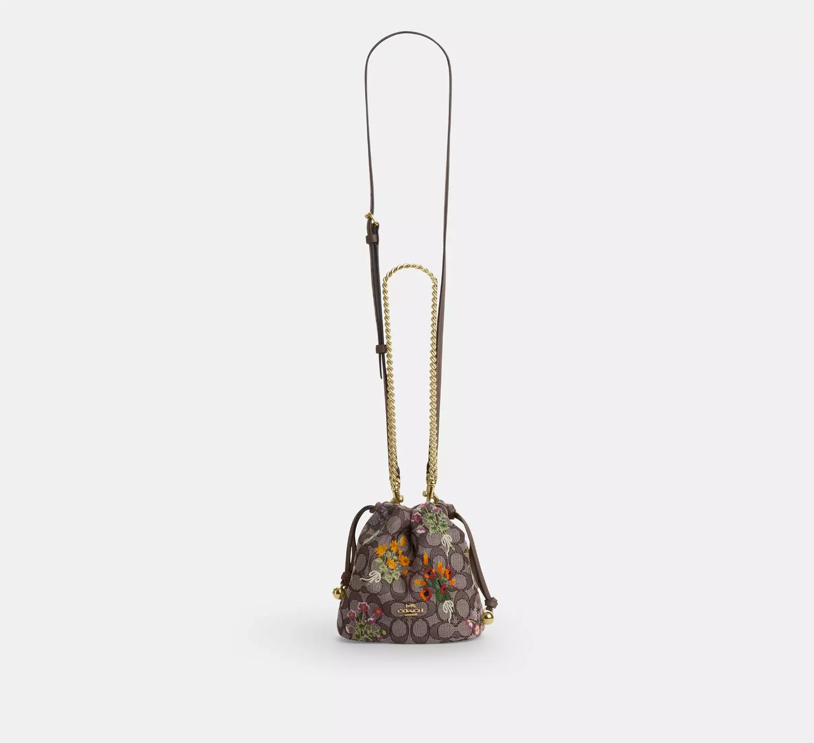 NWT Coach Faye Mini Drawstring Bag In Signature Jacquard With Floral Embroidery