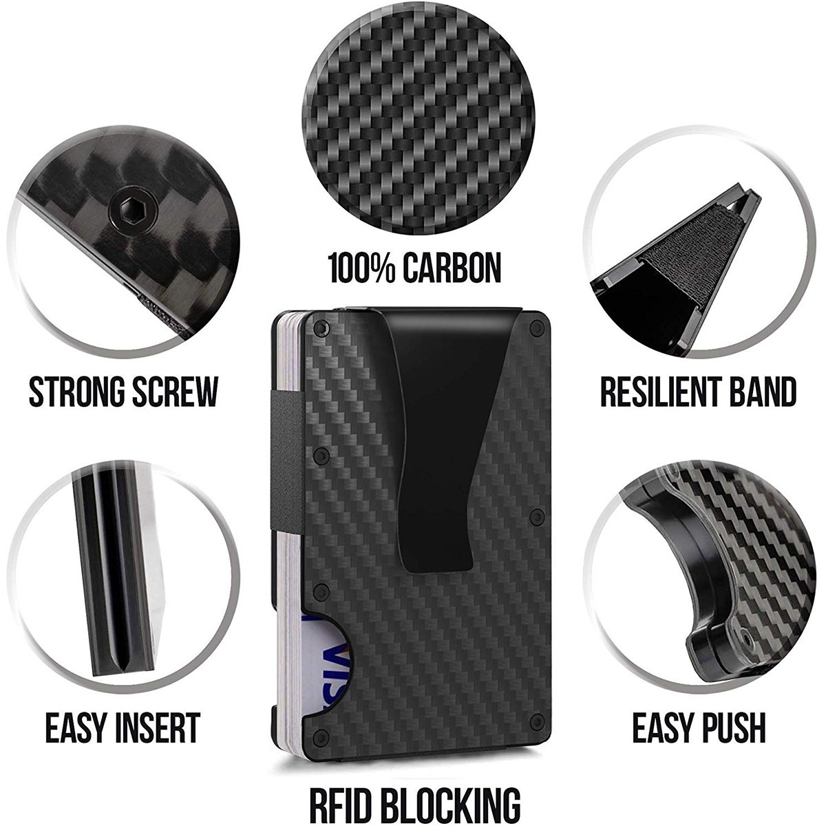 Carbon Fiber Minimalist RFID Blocking Wallet -Slim Metal Credit Card Holder Clip