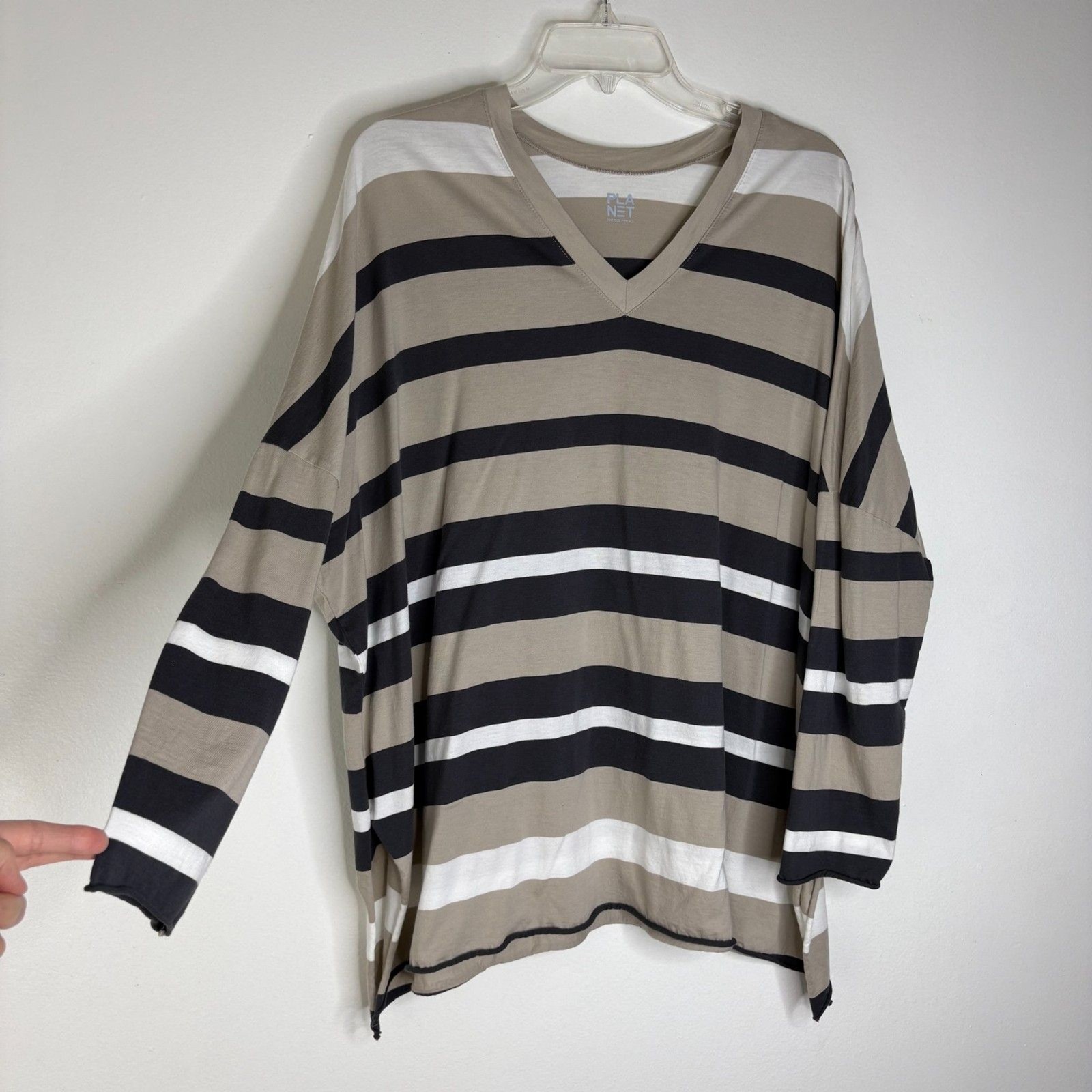 Planet One Size 100% Pima Cotton Striped V-Neck Tunic Top Beige Black Peru