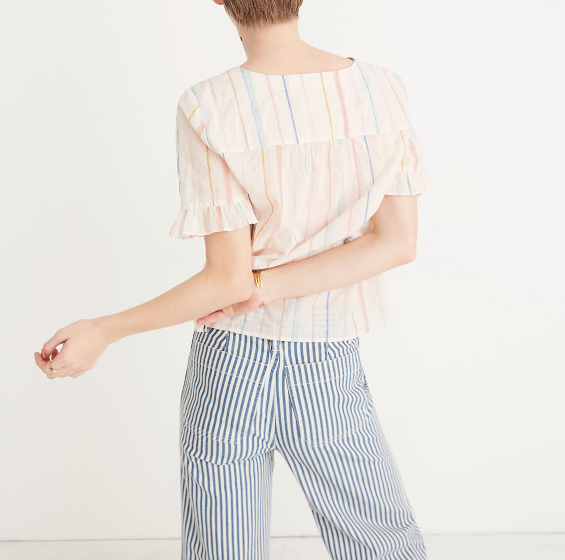 MADEWELL MULTICOLOR RAINBOW STRIPED RUFFLE SLEEVE BUTTON VILLAGE DOWN SHIRT XL