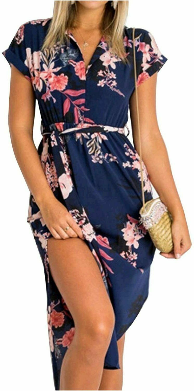 Women’s Casual Floral/Geometric Pattern Short Sleeve Spring-Summer Dress w/ Belt