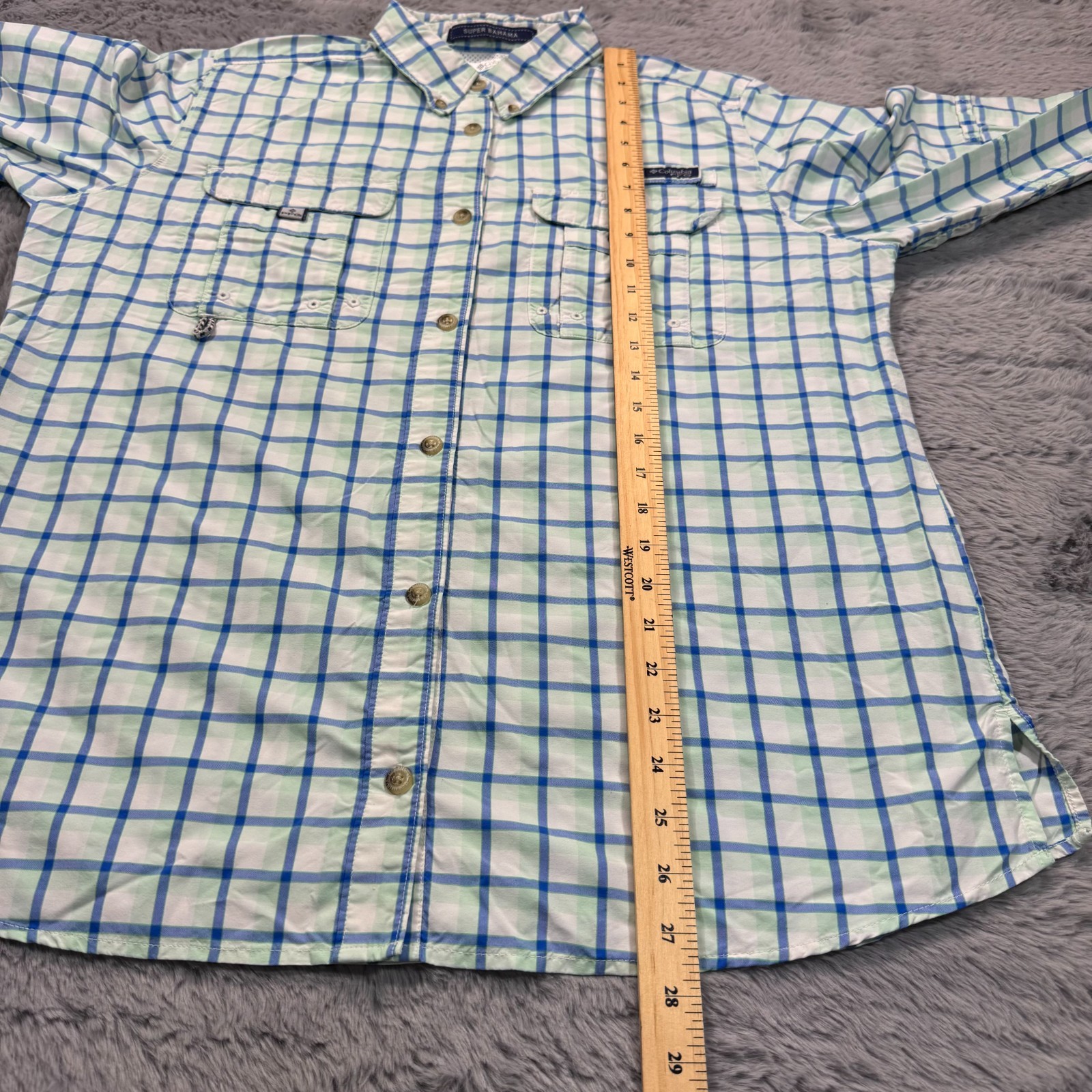 Columbia PFG Super Bahama Button-Down Shirt Women’s L Green Plaid Nylon Fishing