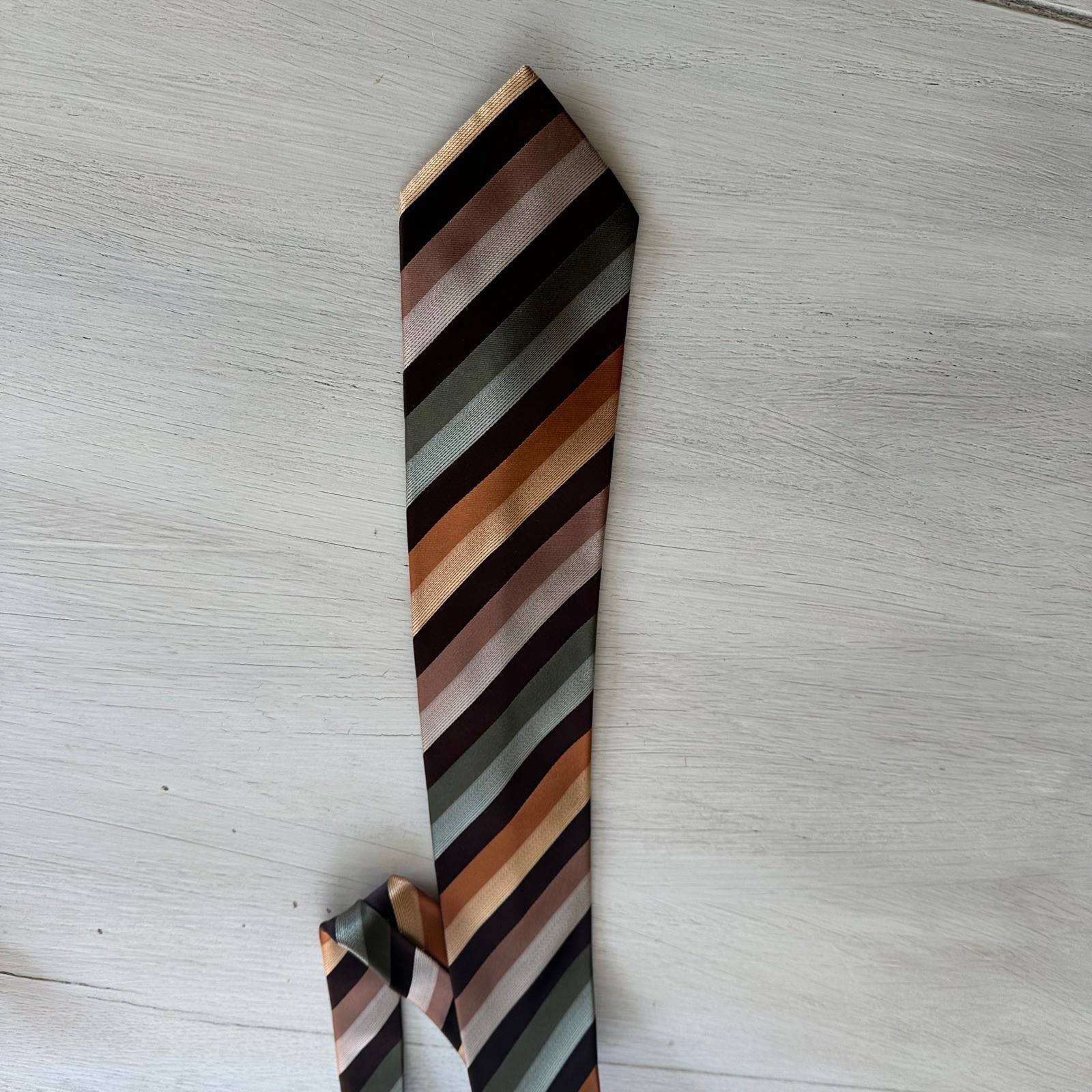 BCBG Attitude Men’s Striped Silk Tie Brown Orange Green Beige Business OR Casual