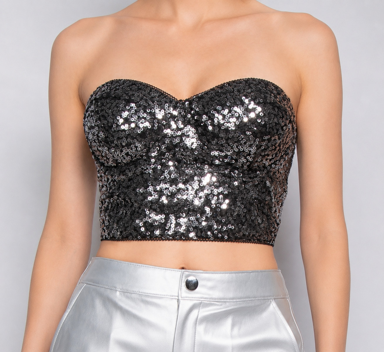 Forever 21 Black Sequin Shimmer Cropped Bustier Top – Small – Party Concert Y2K