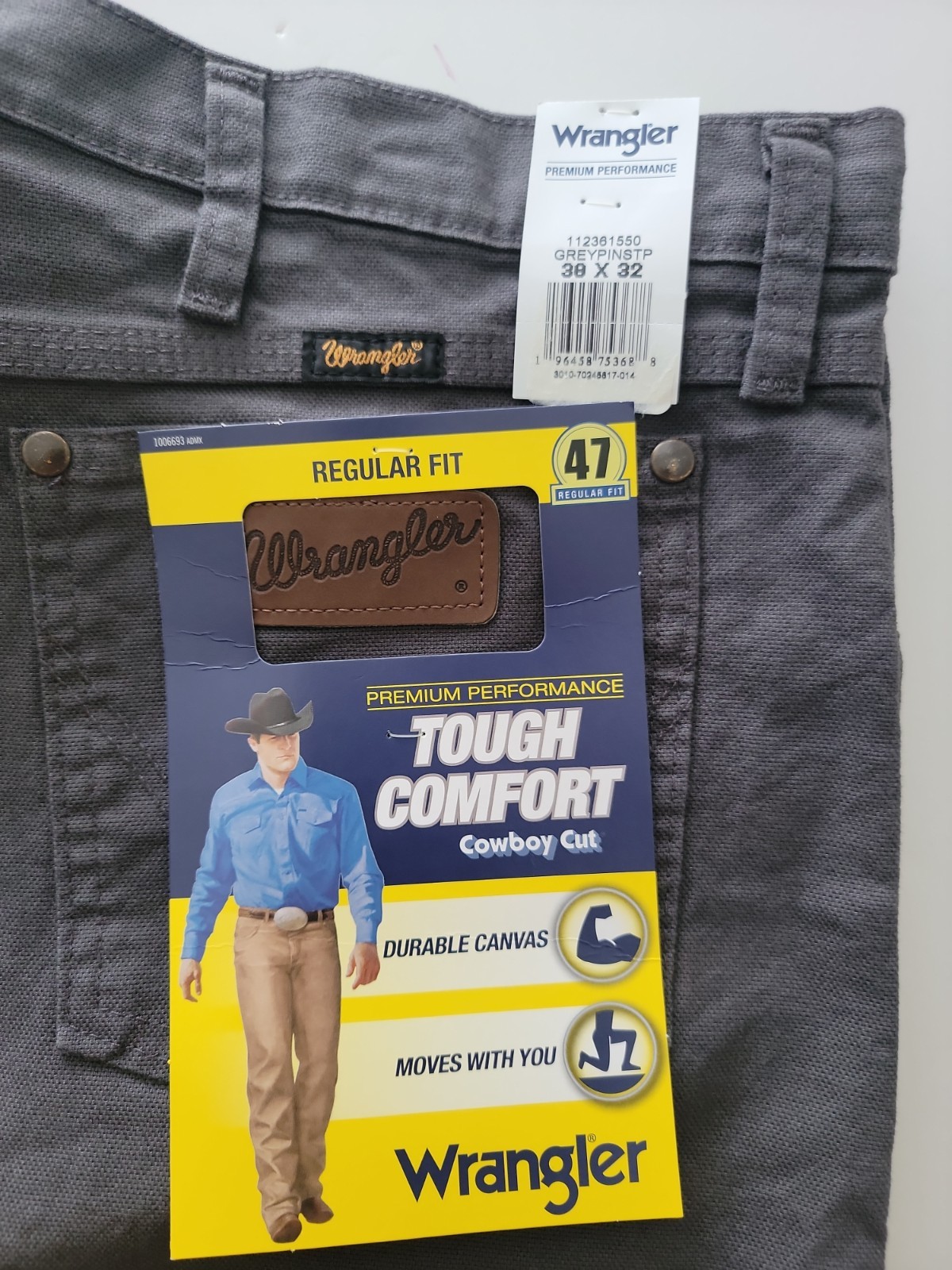 NEW Wrangler 47 Cowboy Cut Regular Fit Sz 38 x 32 Gray CANVAS STRETCH Jeans