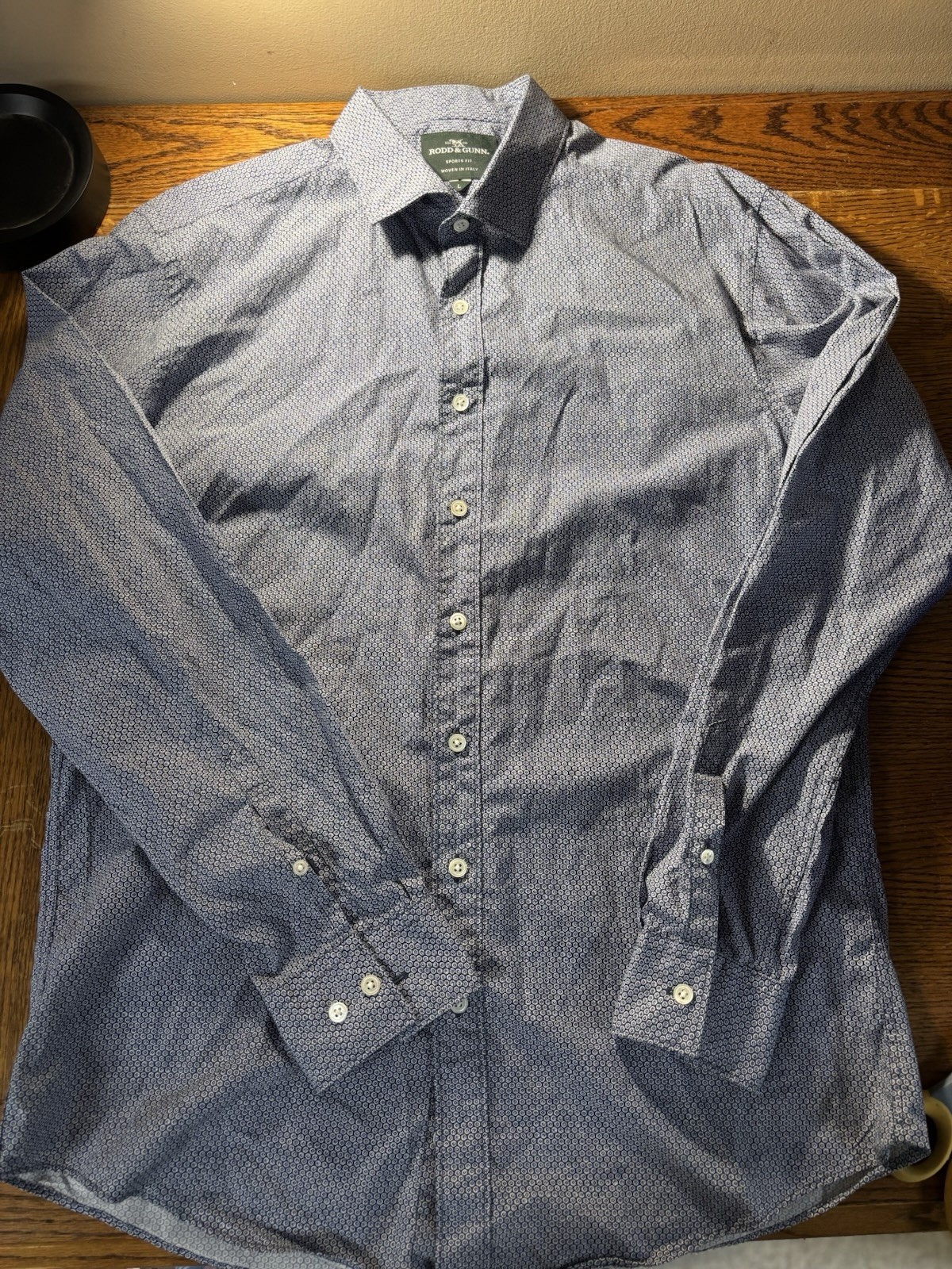 Rodd & Gunn Shirt Mens Sz L Dark Blue White Geometric Sports Fit Long Sleeve