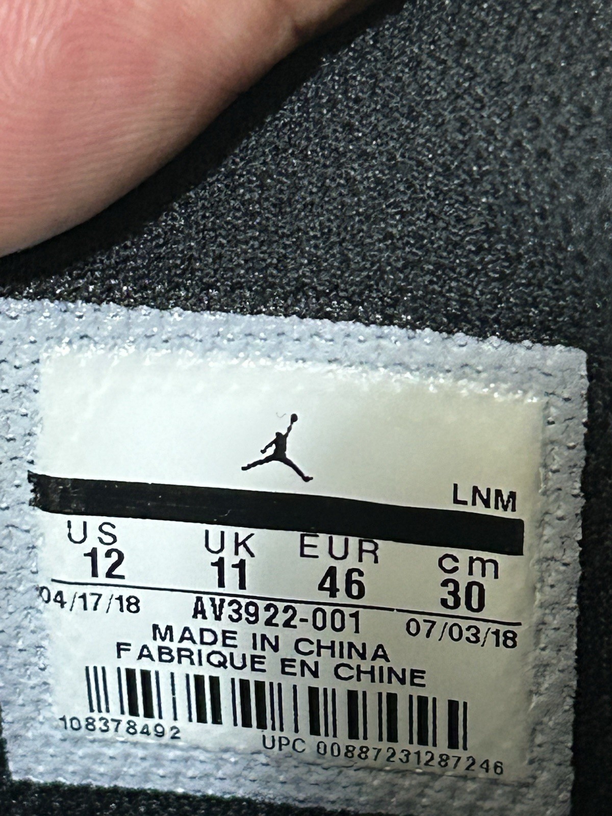 Size 12 Jordan Legacy 312 Black White ‘Black Cement’ AV3922-001