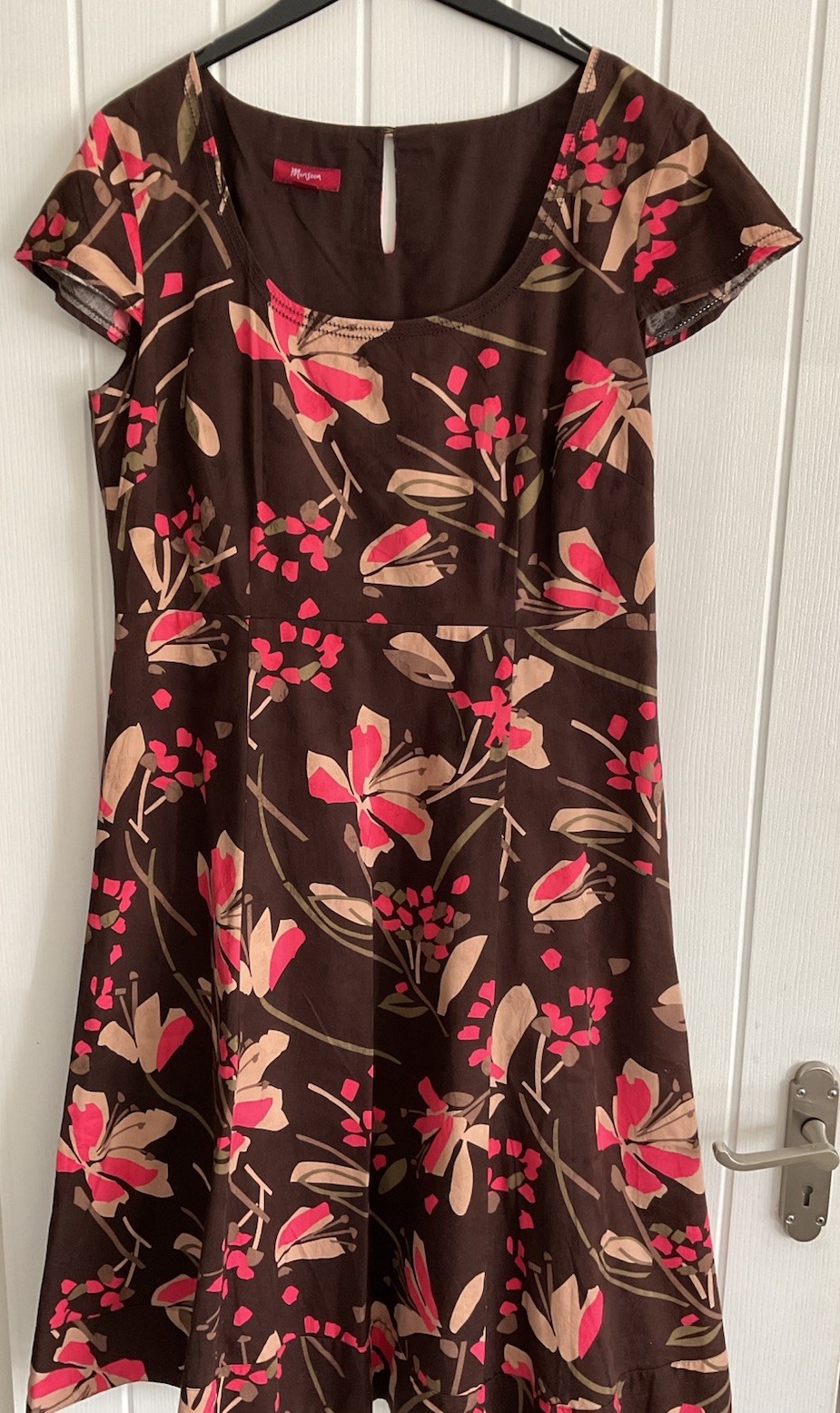 Monsoon Size 16 Brown & Pink Floral Print Cotton Lined Dress VGC See details