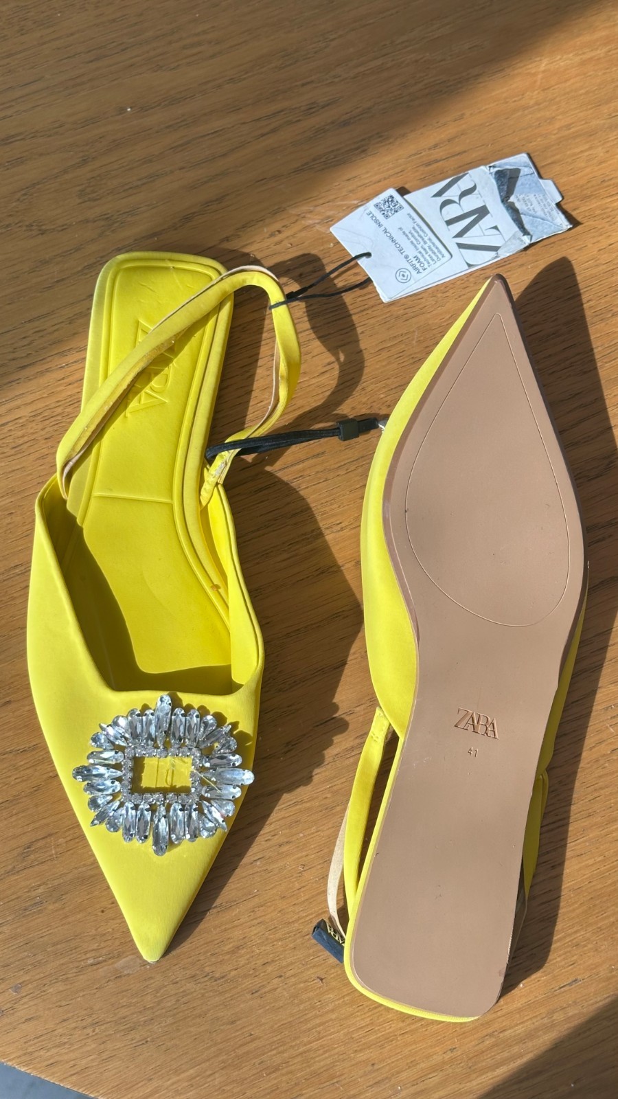Zara Yellow Slingback Flats Rhinestone Buckle Pointed Toe Size 41 / US 10