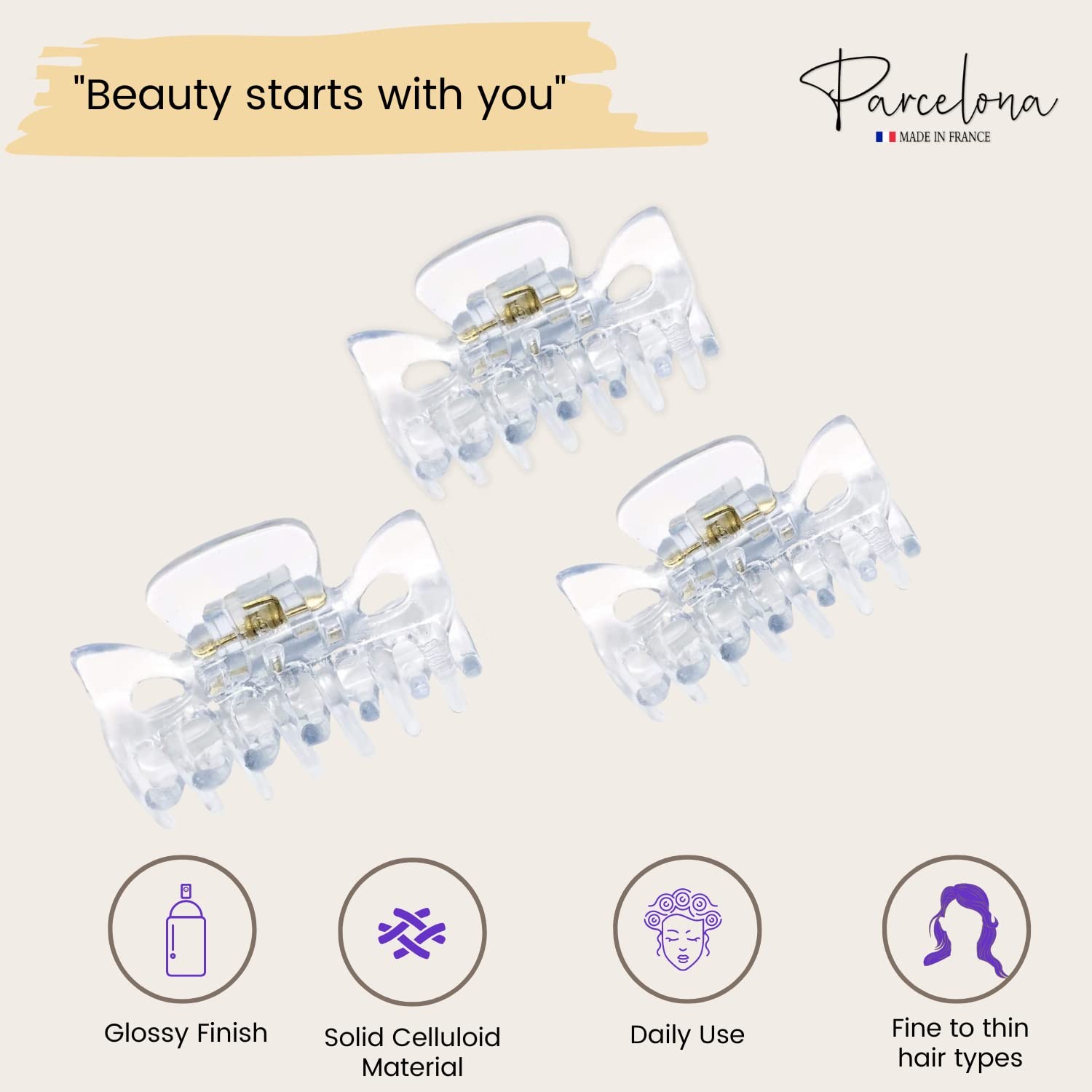 Parcelona French Classic 1.5″ Small Celluloid Set of 3 Hair Claws for Women