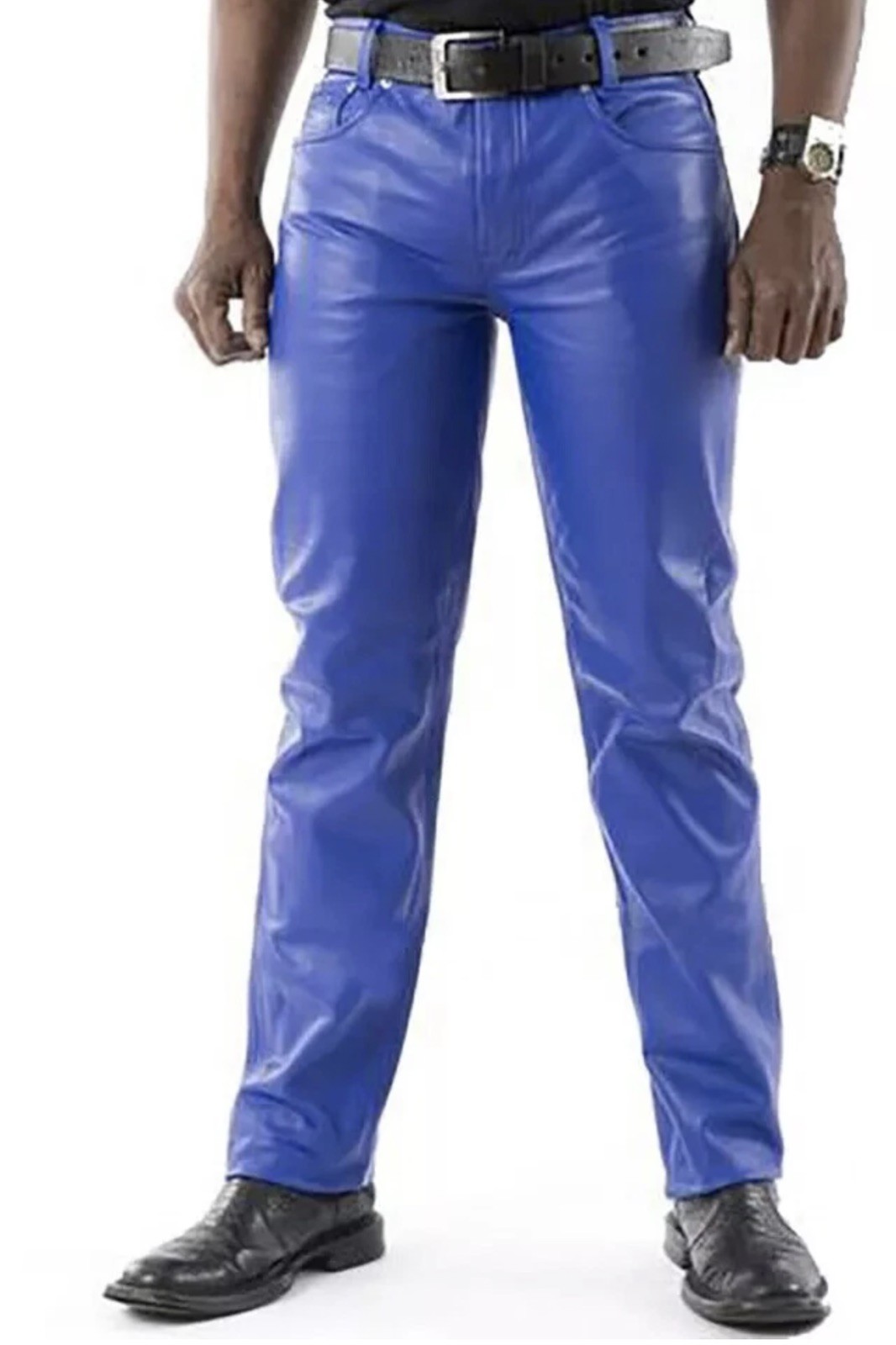 Mens Biker Jeans Real Blue Or Soft Leather Sleek And Sexy 501 Style Pants New