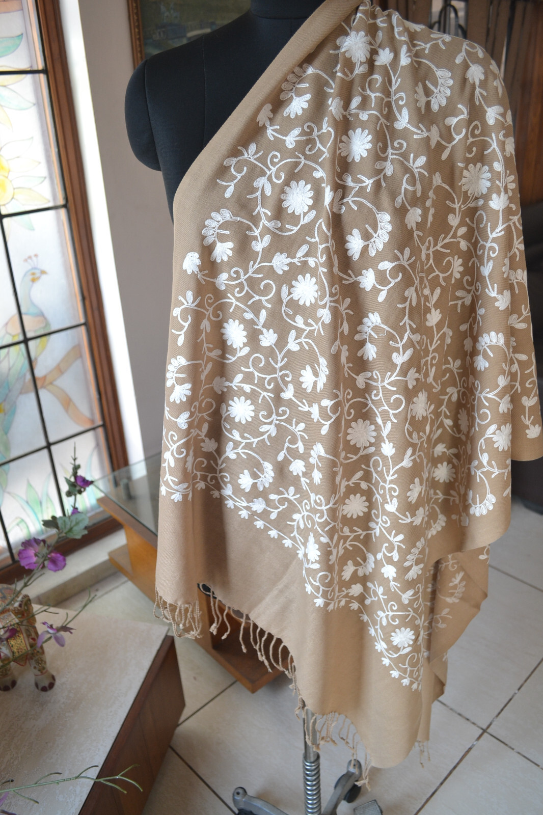 KASHMIRI PASHMINA ~FLORAL CREWEL ALL EMBROIDERY STOLE~CASHMERE :3 COLOR CHOICE