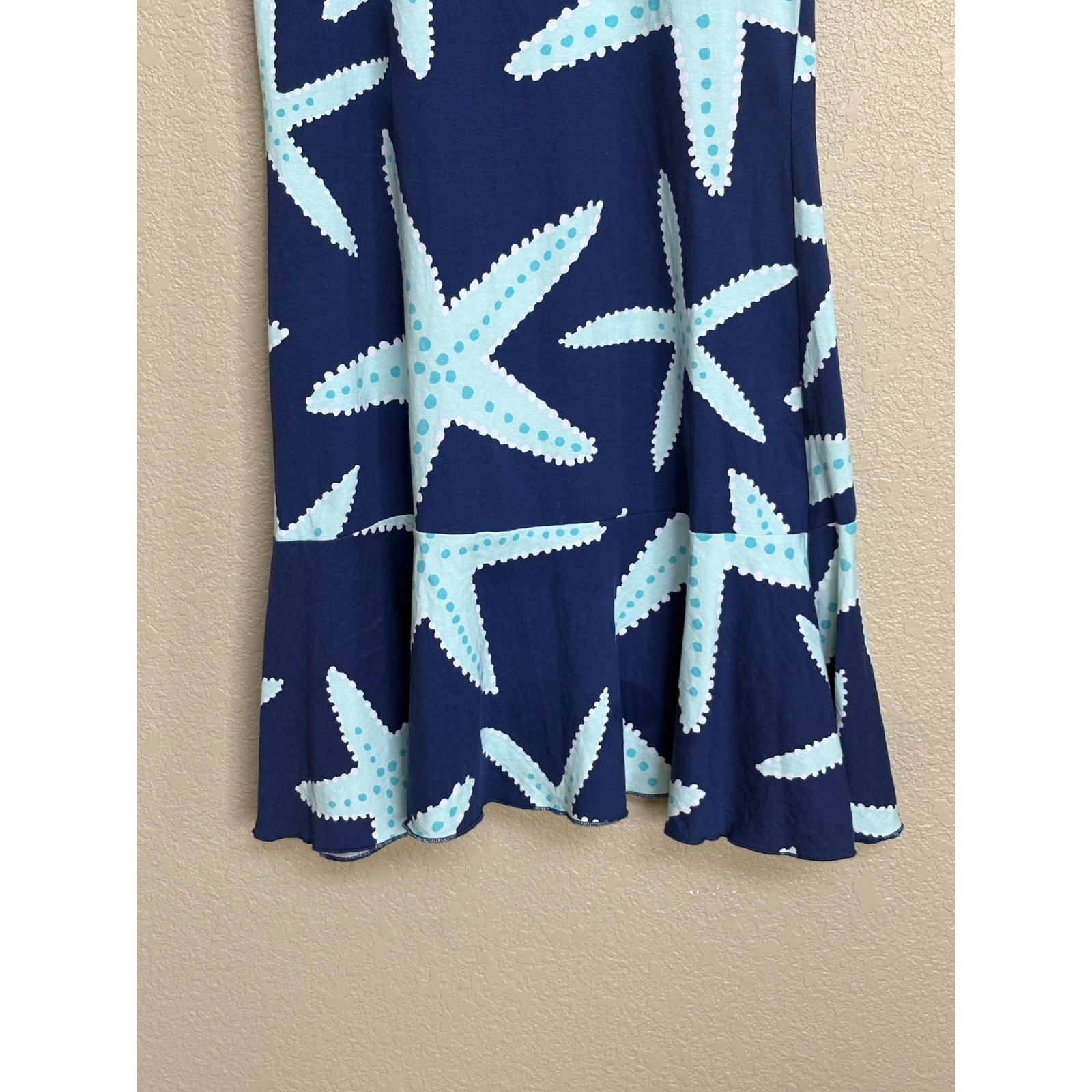 AnaClare Starfish Print Drop Waist Ruffle Hem Sleeveless Dress Navy Blue XS
