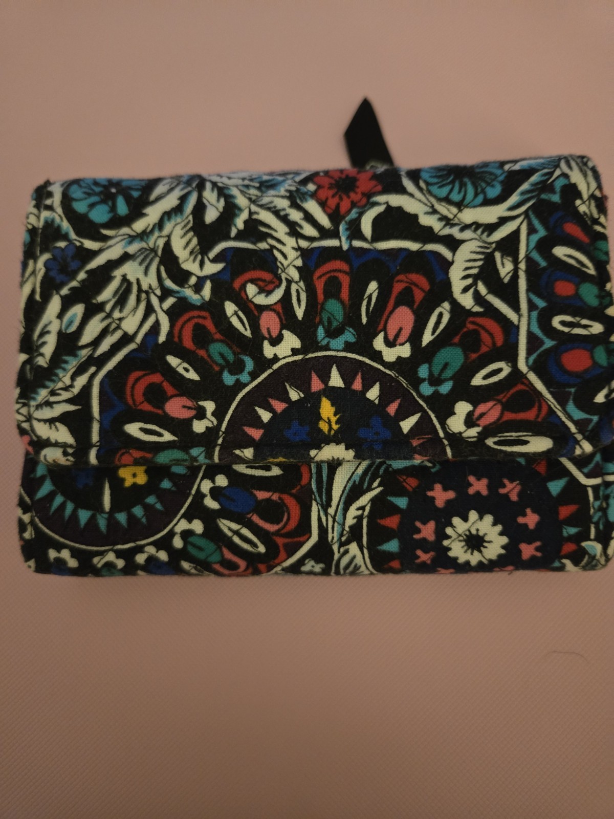 Vera Bradley Women’s Tri-Fold Wallet Floral Black/Multicolor ID Window Zip