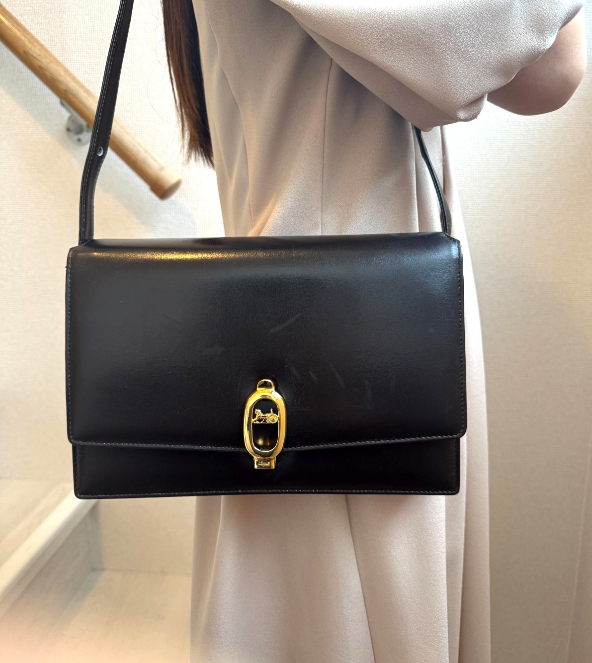 Celine Horse Carriage Flap Leather Shoulder Crossbody Bag Dark Brown Gold