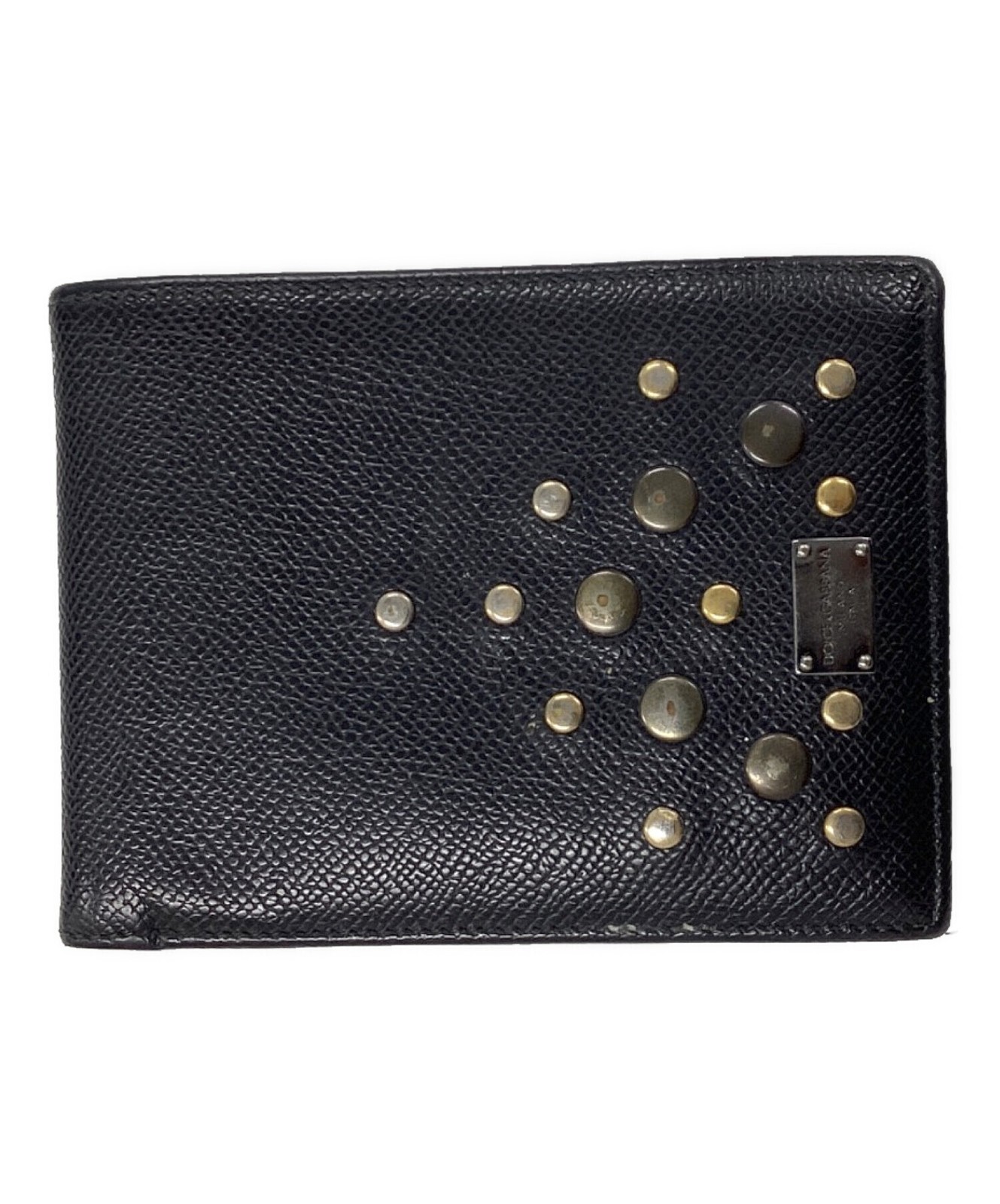 DOLCE&GABBANA Studded Metal Plate Leather Wallet Black Men Auth