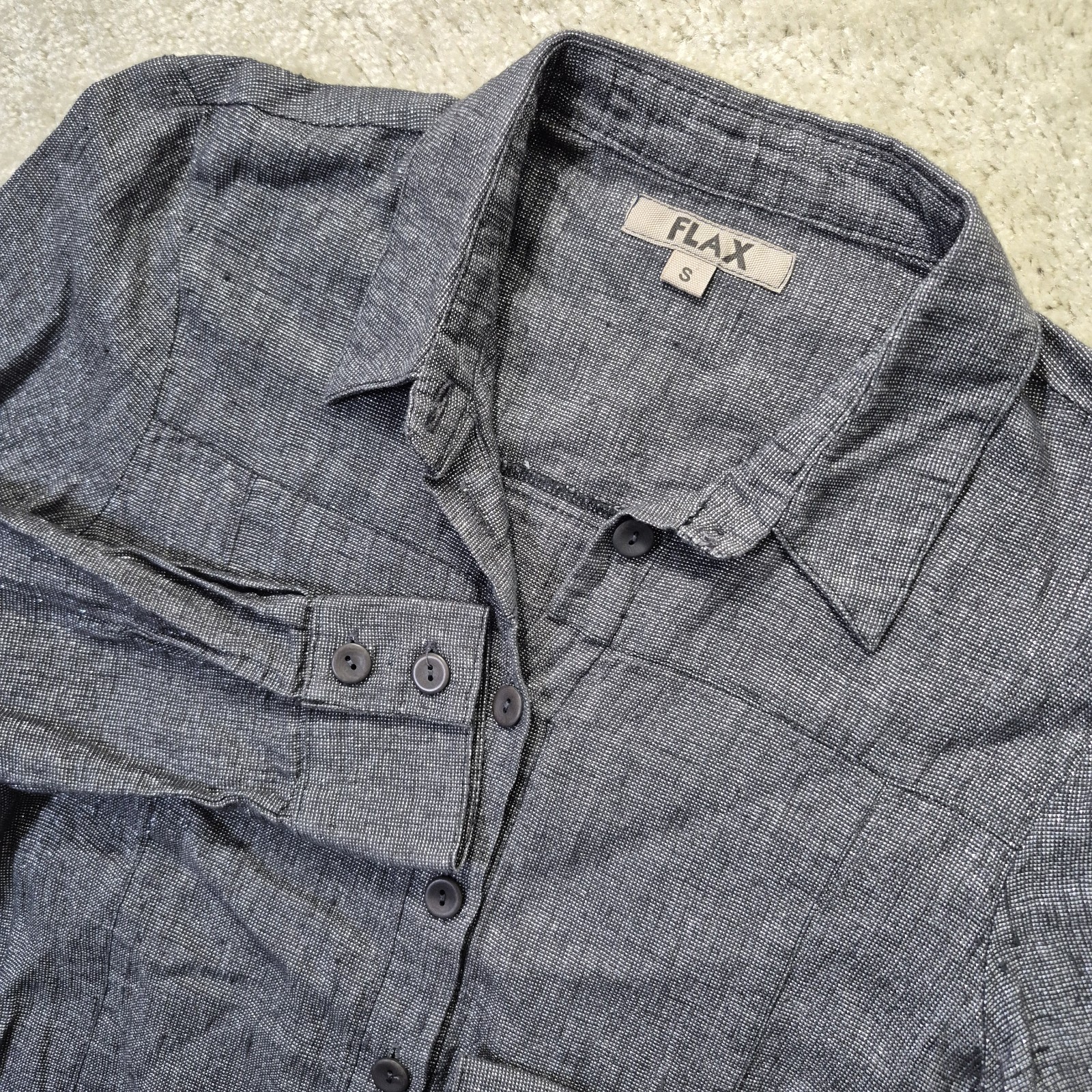 Flax Linen Top Womens Small Gray Metallic Silver Button Up Disco Beach 70s Mom
