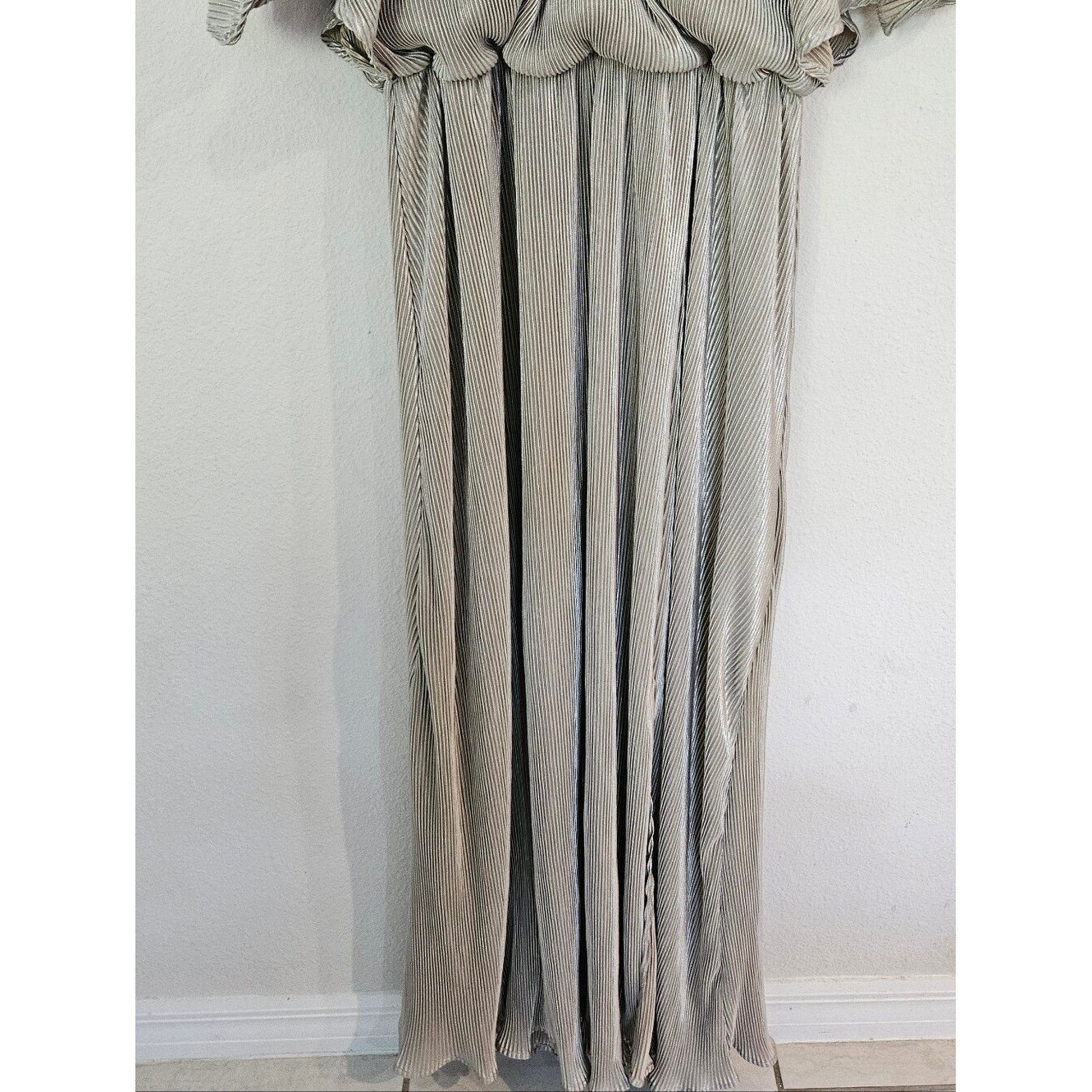Celadon Cape Metallic Champaigne Pleated Maxi Dress with Front Slit